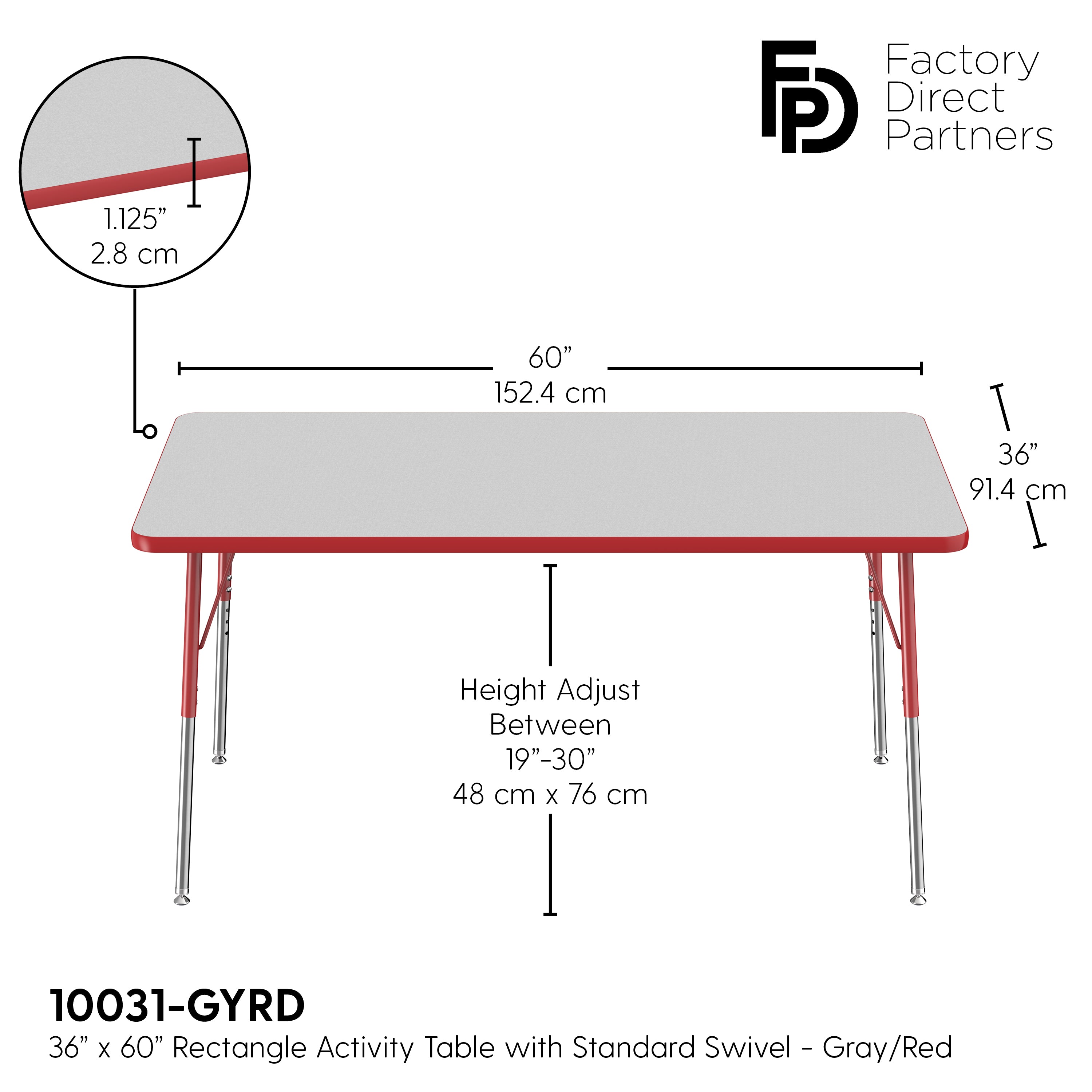 36" x 60" Rectangle T-Molding Activity Table with Adjustable Standard Swivel Glide Legs - Gray/Red