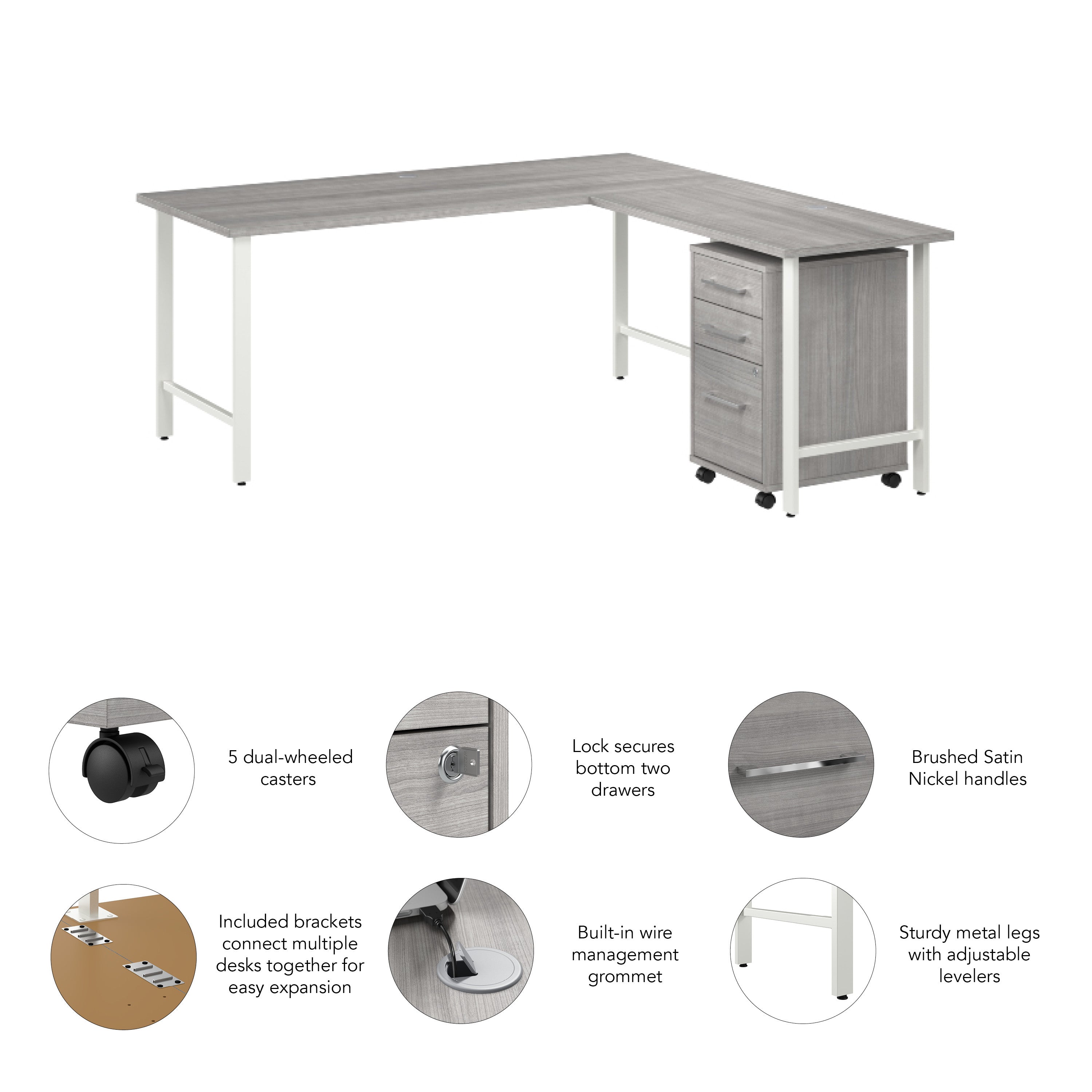Bush Business Furniture Hustle 72W x 30D L Shaped Computer Desk with 3 Drawer Mobile File Cabinet in Platinum Gray - 71.02" Width x 71.33" Depth x 30.07" Height
