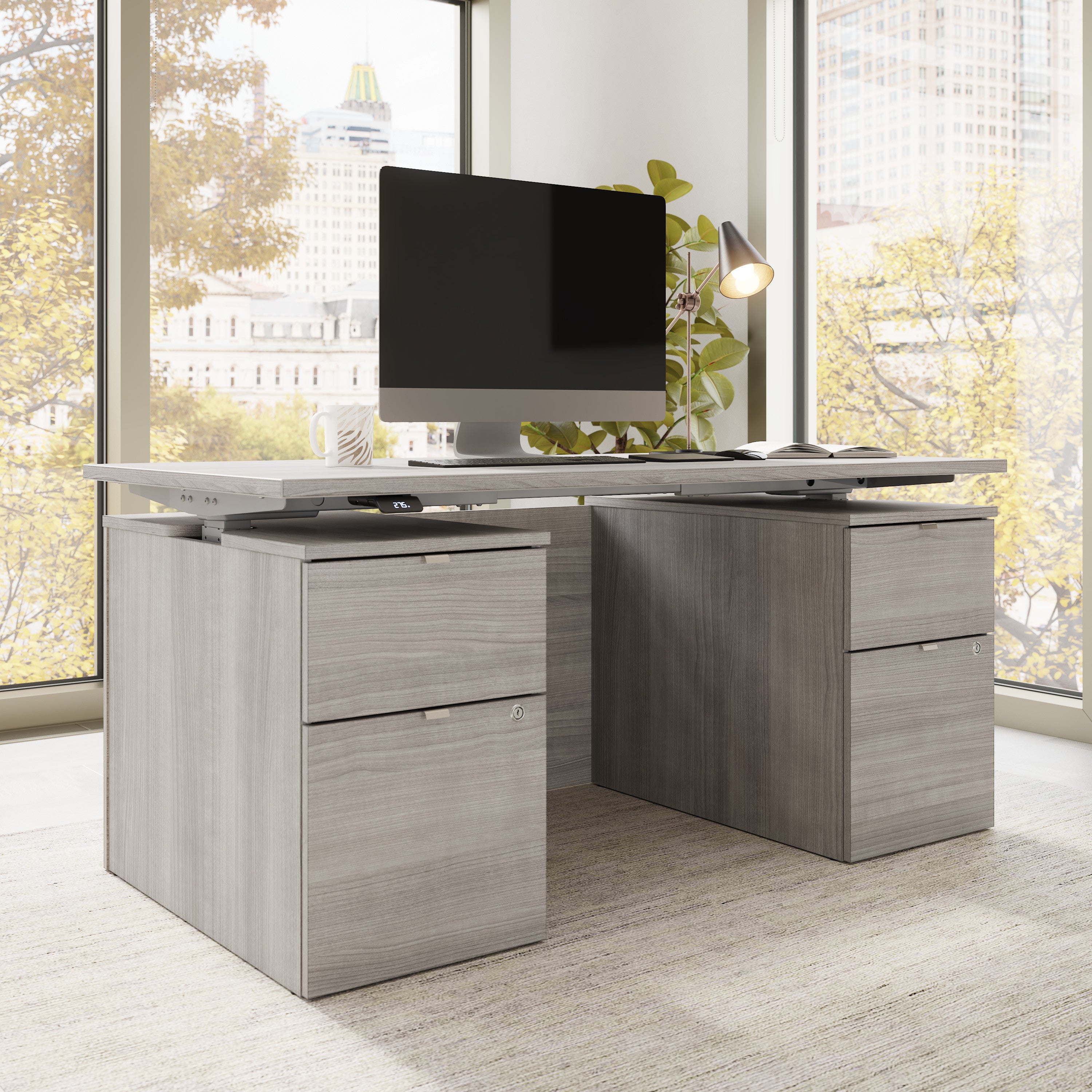 Bush Business Furniture Stratus&nbsp;60W x&nbsp;30D Electric Standing Desk with Drawers and Modesty Panel in Platinum Gray with Metallic Gray Base - 59.45" Width x 29.37" Depth x 27.44" Height