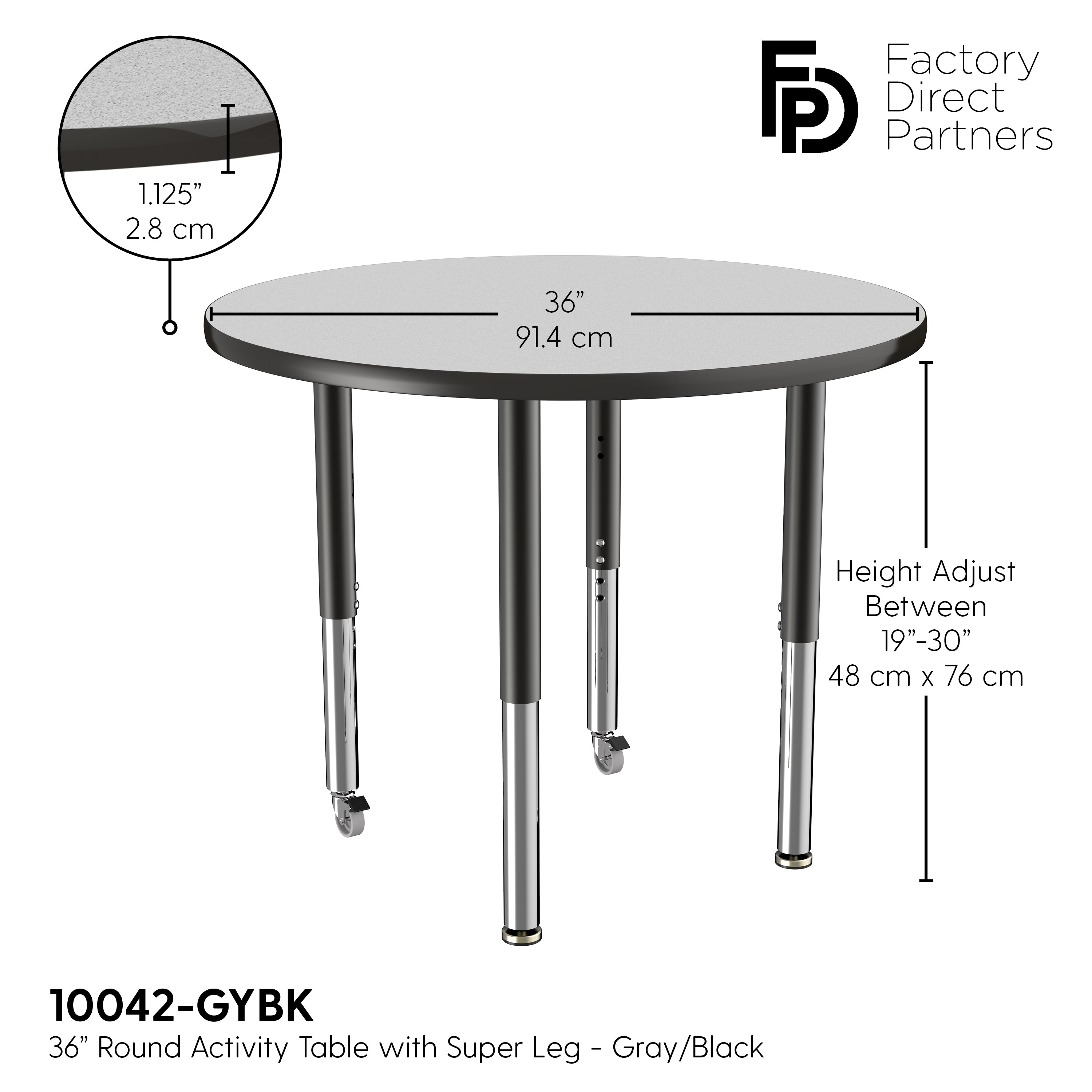 36" Round T-Molding Activity Table with Adjustable Super Legs - Gray/Black