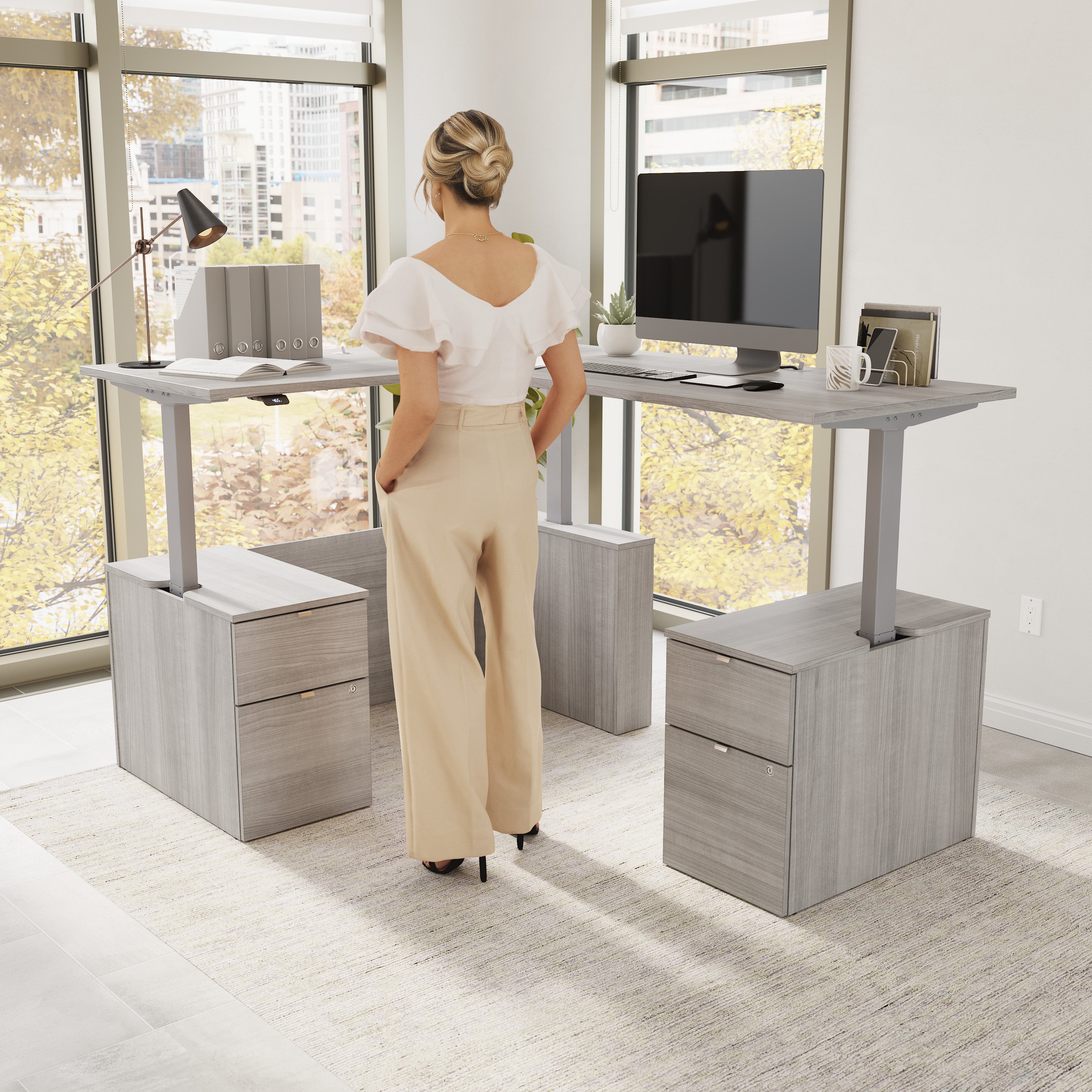 Bush Business Furniture Stratus&nbsp;60W x&nbsp;78D Height Adjustable L Shaped Standing Desk with Drawers in Platinum Gray with Metallic Gray Base - 59.45" Width x 76.97" Depth x 27.44" Height