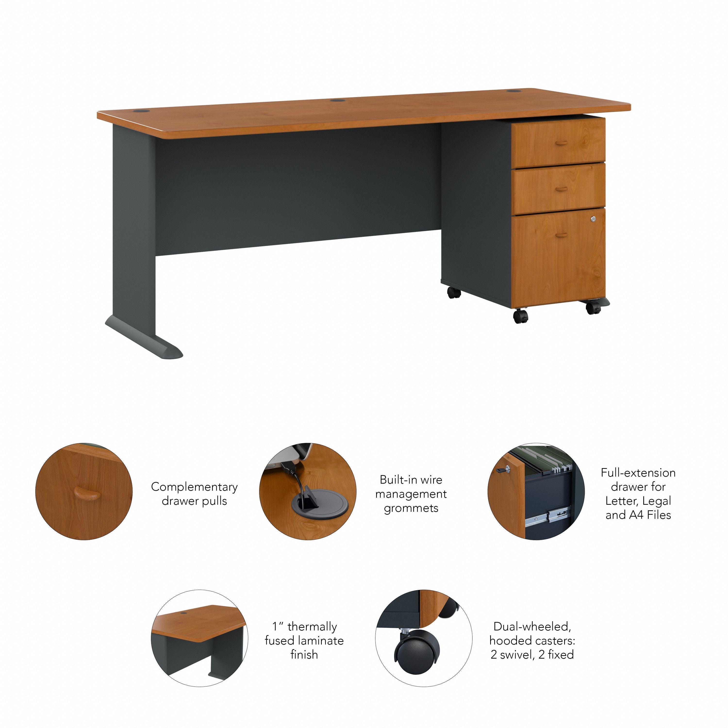 Bush Business Furniture Series A 72W Desk with Mobile File Cabinet in Natural Cherry and Slate - 71.54" Width x 26.81" Depth x 29.66" Height