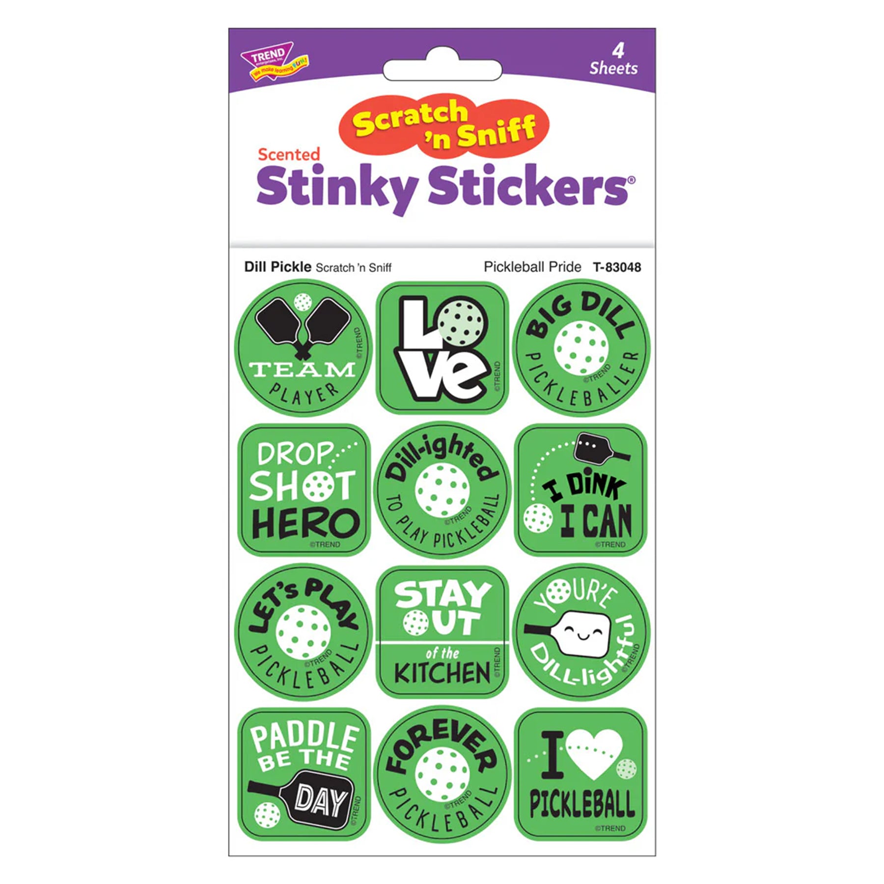 Pickleball DILL-ight, Dill Pickle Scent Scratch 'n Sniff Stinky Stickers®, Pack of 48