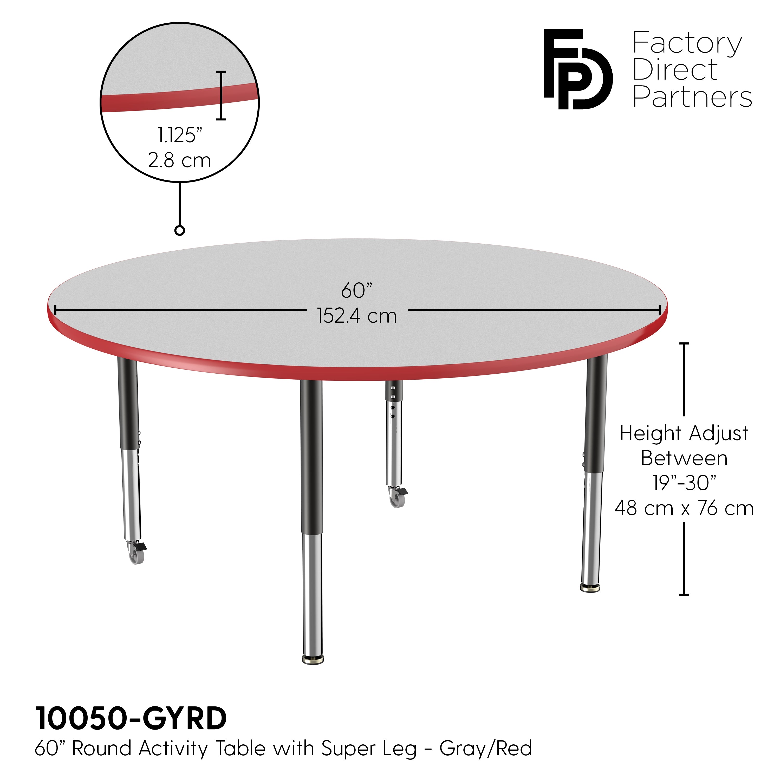 60" Round T-Molding Activity Table with Adjustable Super Legs - Gray/Red/Black