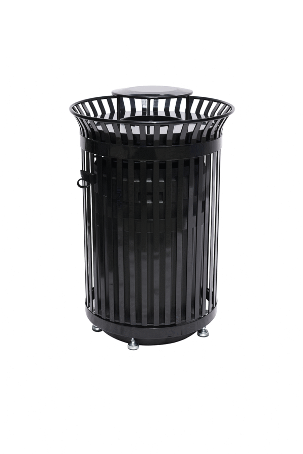 45 Gallon Side Opening Slatted Commercial Pre-Assembled Trash Receptacle with Flat Lid & Liner (Black)