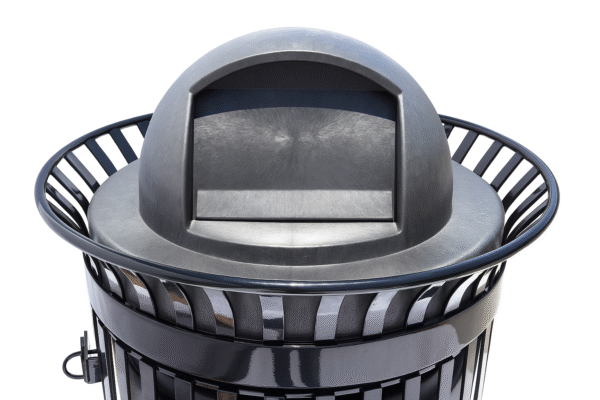 45 Gallon Side Opening Slatted Commercial Pre-Assembled Trash Receptacle with Flat Lid & Liner (Black)