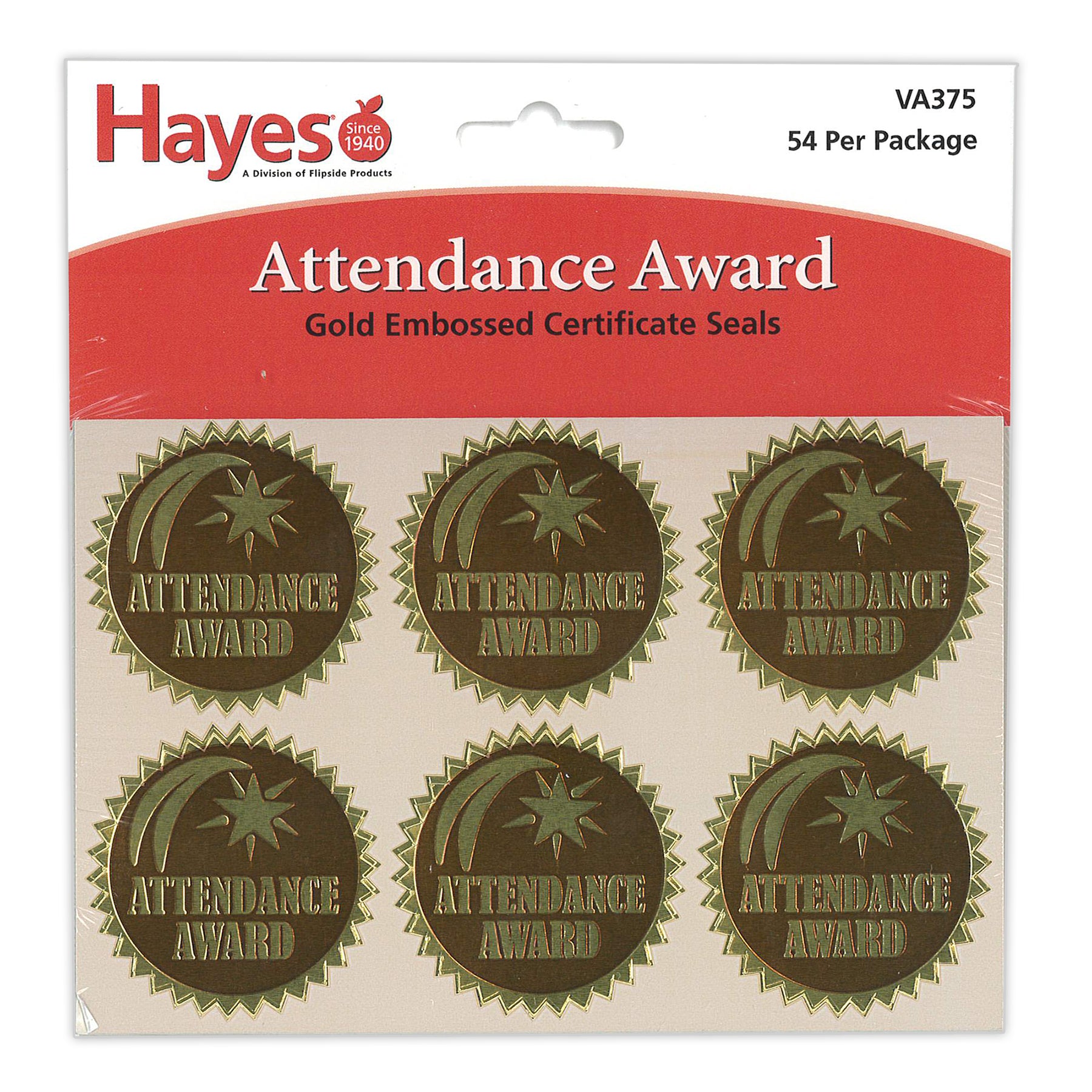 Gold Foil Embossed Seals, Attendance Award, 54 Per Pack
