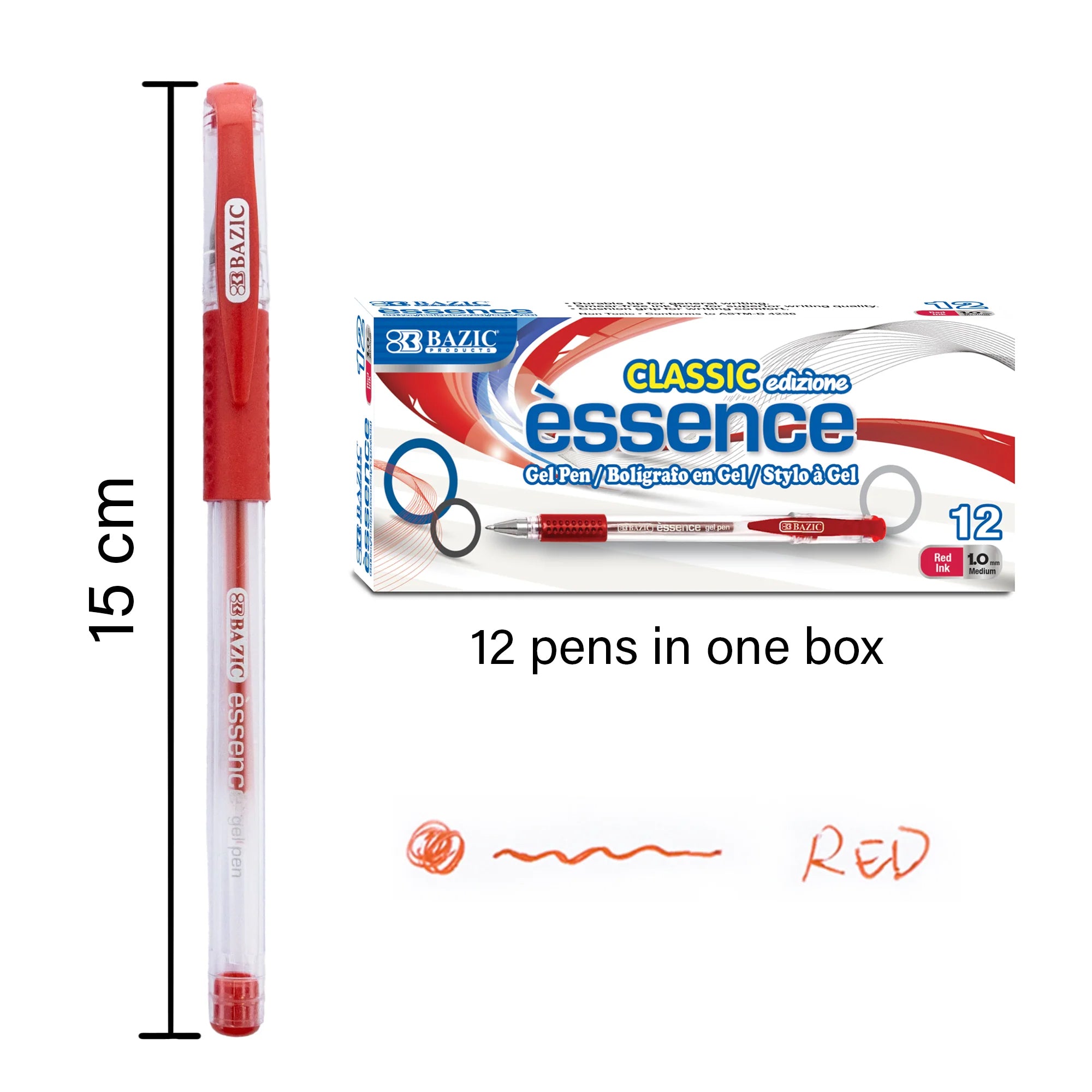 Essence Gel Pen with Cushion Grip, Red, Box of 12