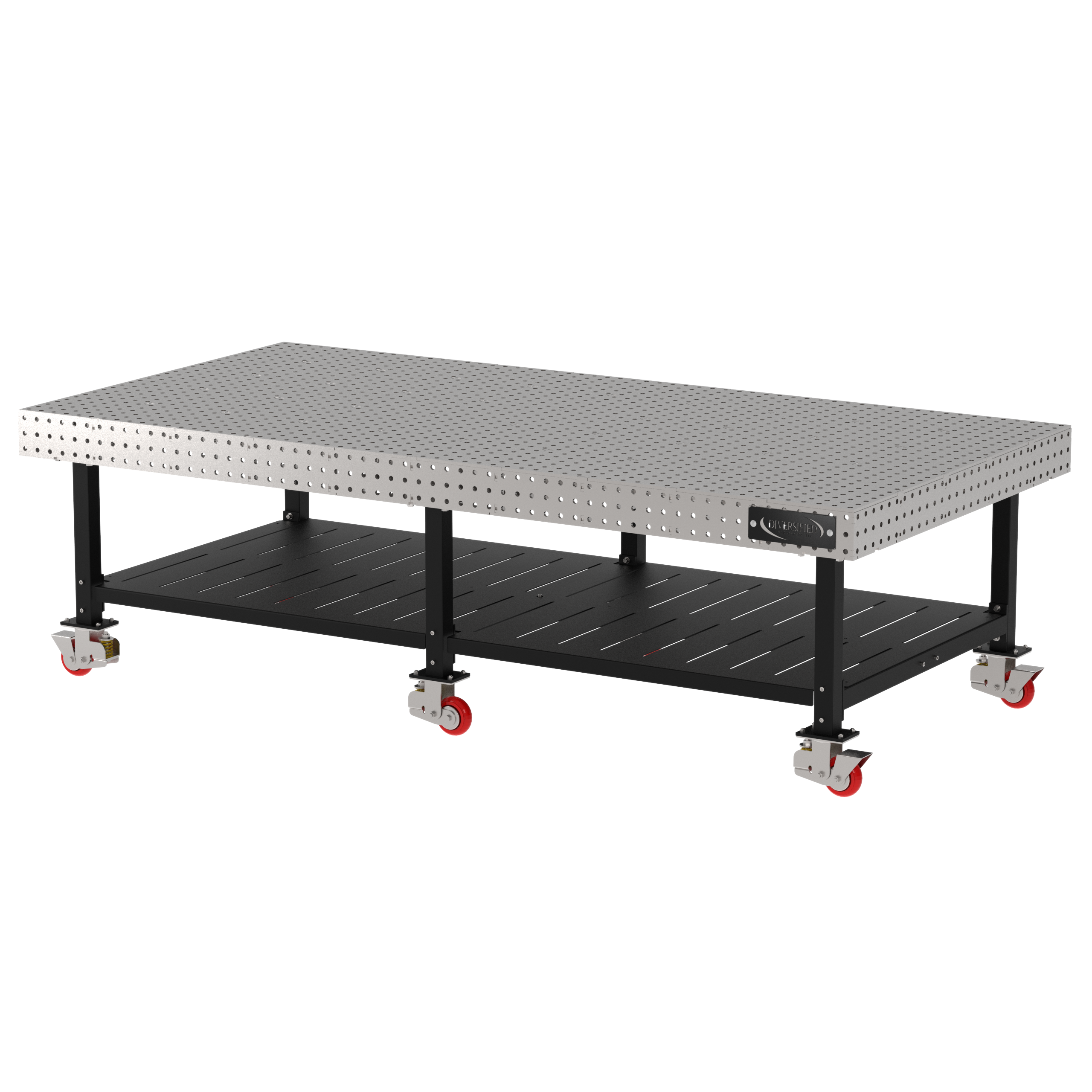 Welding Fixture Table, Fixed Height, 36"H x 120"L x 60"D, 1/4" Carbon Steel Top, Six Black Powdercoat Legs, Shelf, 6 Heavy Duty Suspension Casters (4 Locking/Swiveling Casters and 2 Non-Locking/Non-SwivelingCasters)