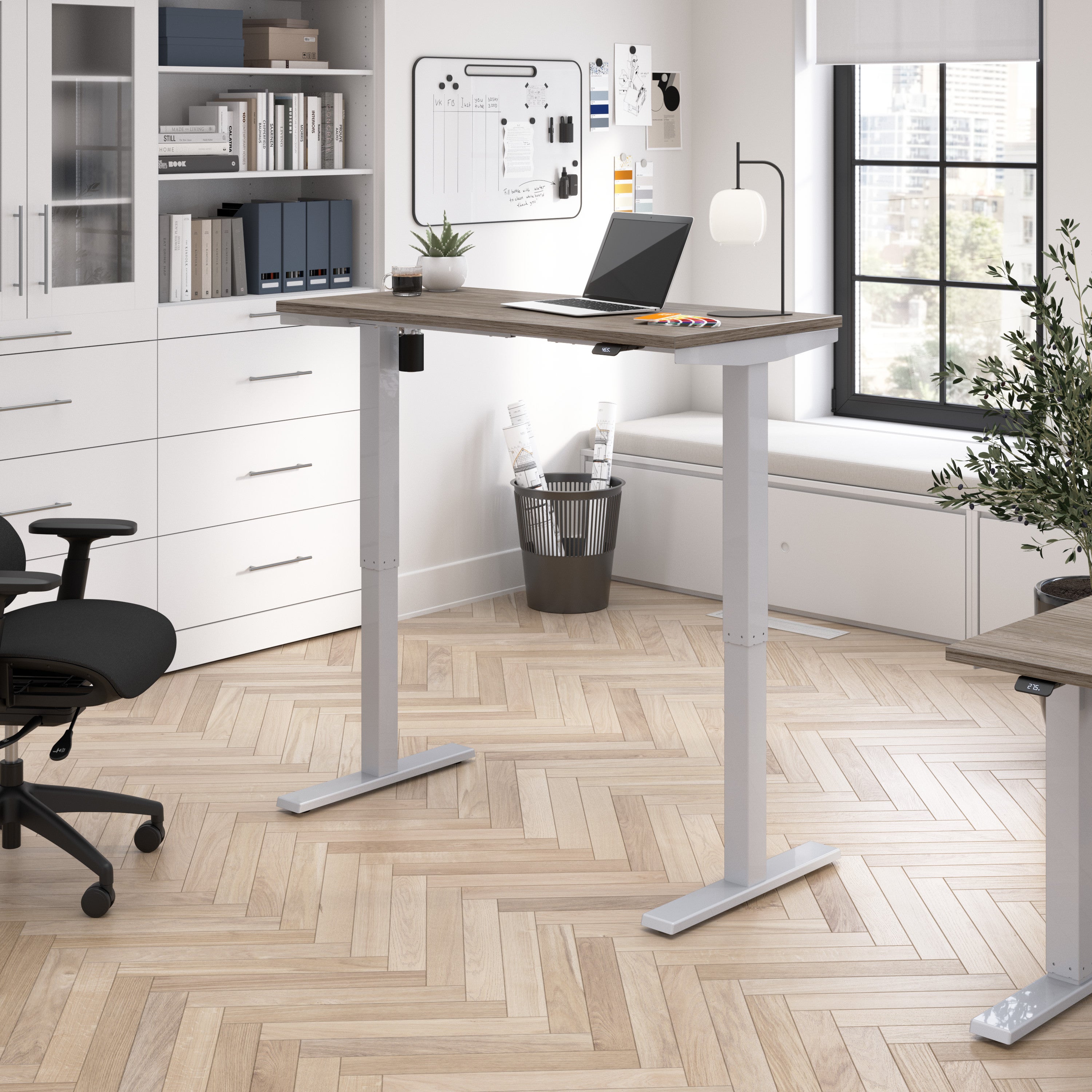Bush Business Furniture Move 40 Series 48W x 24D Electric Height Adjustable Standing Desk in Modern Hickory with Metallic Gray Base - 47.6" Width x 23.35" Depth x 28.17" Height