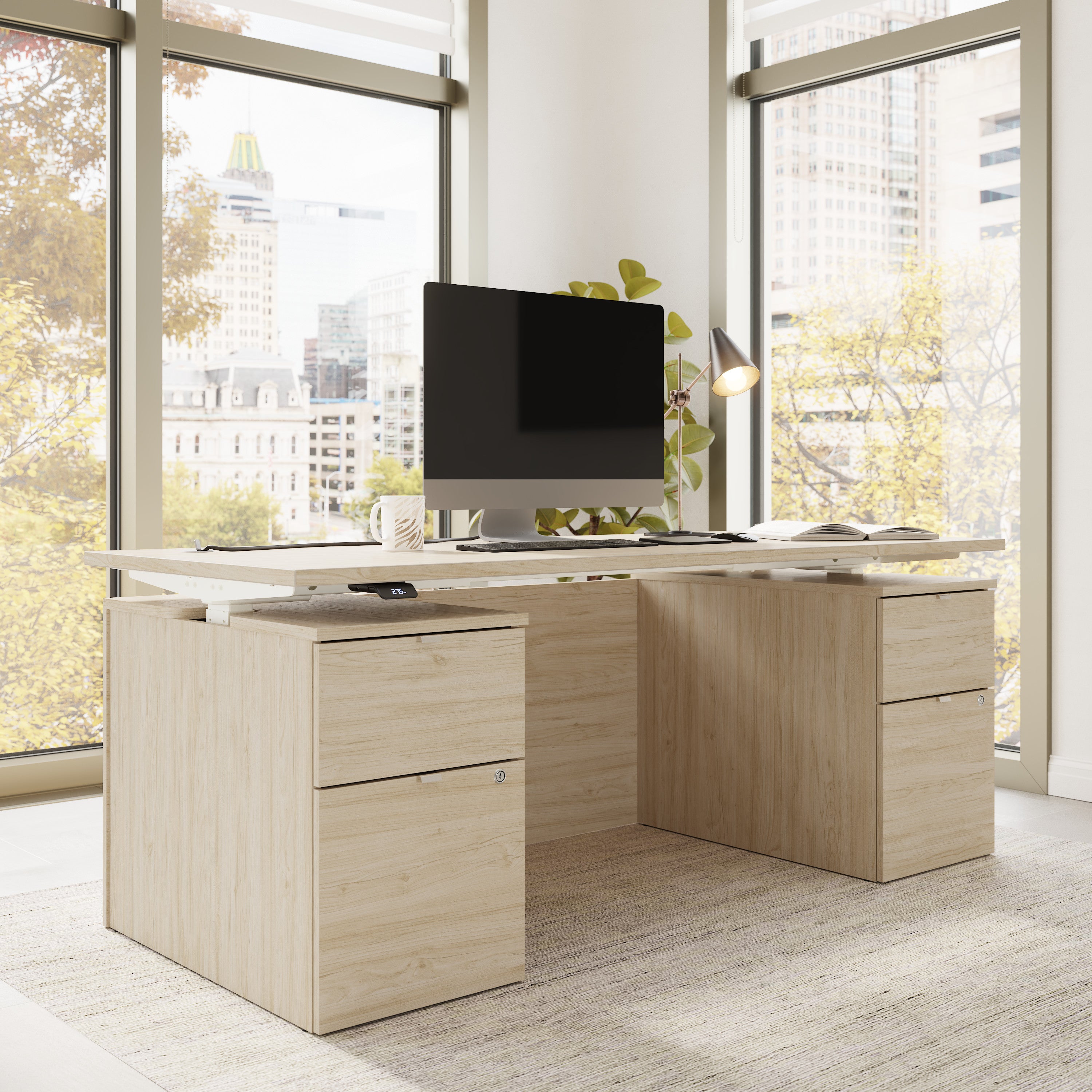 Bush Business Furniture Stratus&nbsp;72W x&nbsp;30D Electric Standing Desk with Drawers and Modesty Panel in Natural Elm with White Base - 71.02" Width x 29.37" Depth x 27.44" Height
