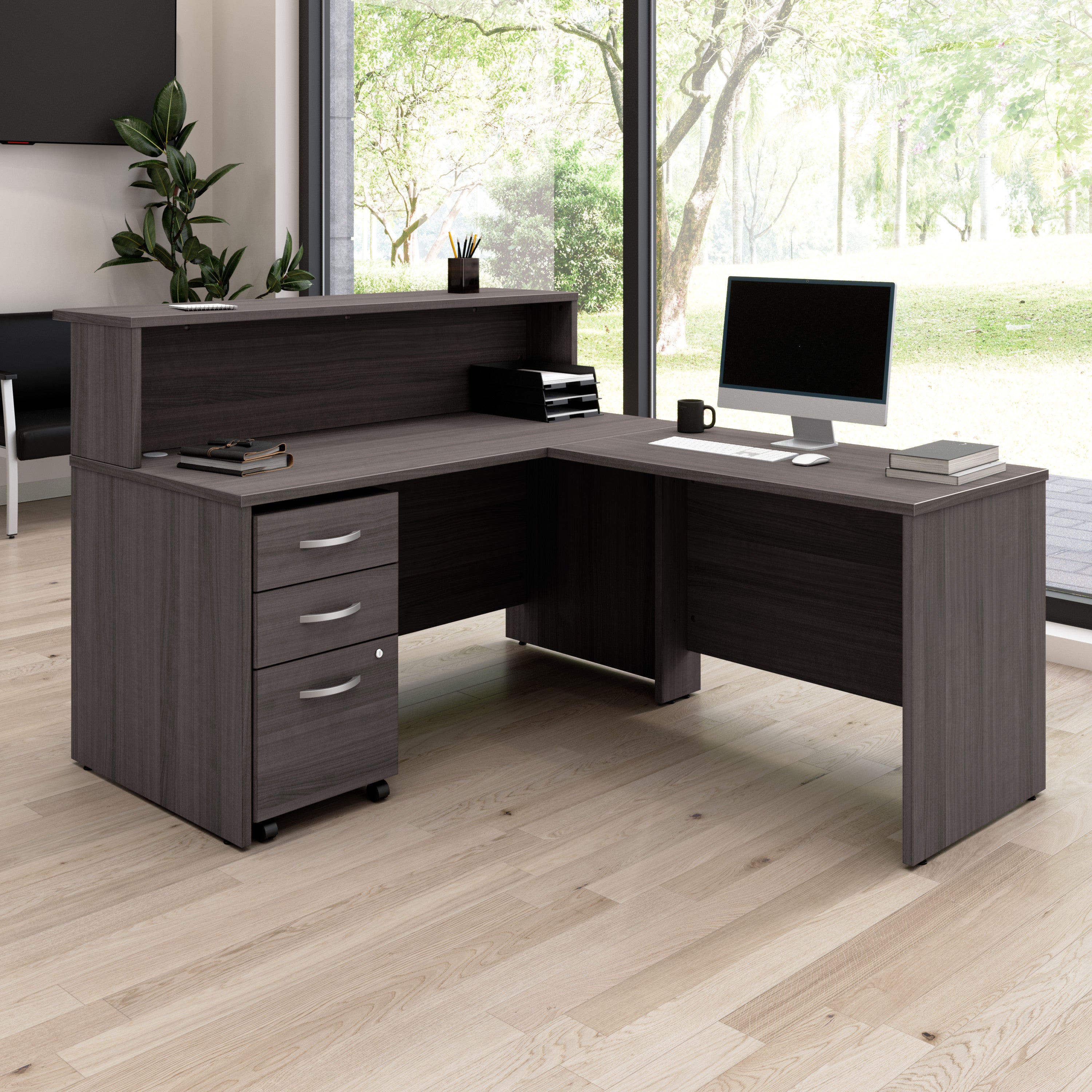 Bush Business Furniture Arrive 60W x 72D L Shaped Reception Desk with Shelf and Mobile File Cabinet in Storm Gray - 59.45" Width x 71.02" Depth x 43.71" Height