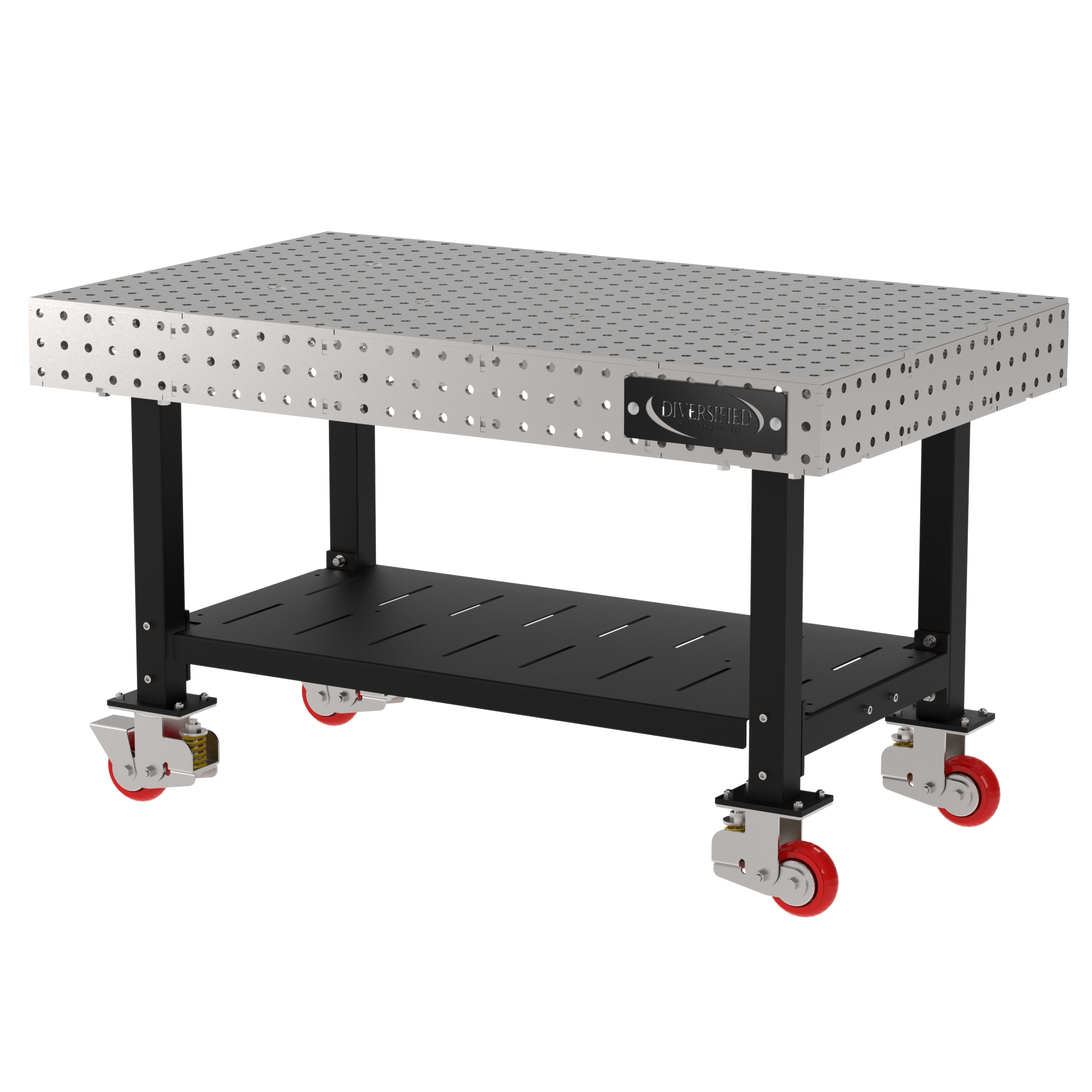 Welding Fixture Table, Fixed Height, 36"H x 60"L x 36"D, 1/4" Carbon Steel Top, Four Black Powdercoat Legs, Shelf, 4 Heavy Duty Suspension Casters (2 Locking/Swiveling Casters and 2 Non-Locking/Non-SwivelingCasters)