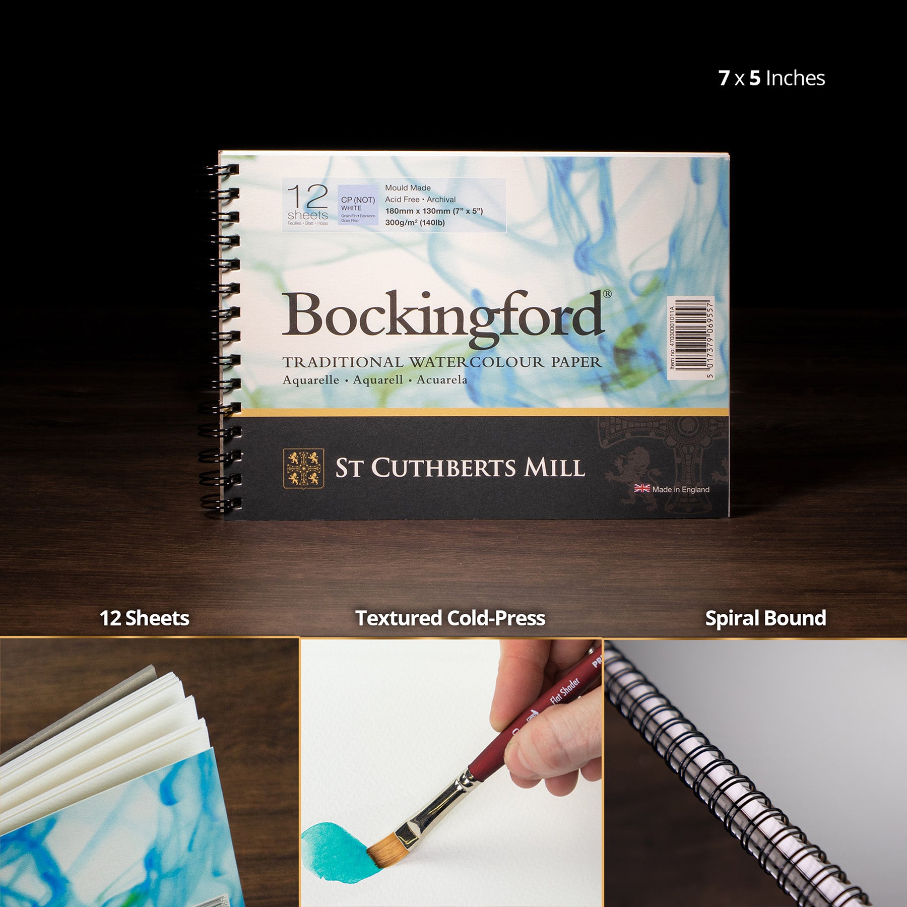 Bockingford Watercolor Pad, Cold Pressed, Spiral Binding, 140lb/300gsm, 12 Sheet, 5x7 inch, 1 Count