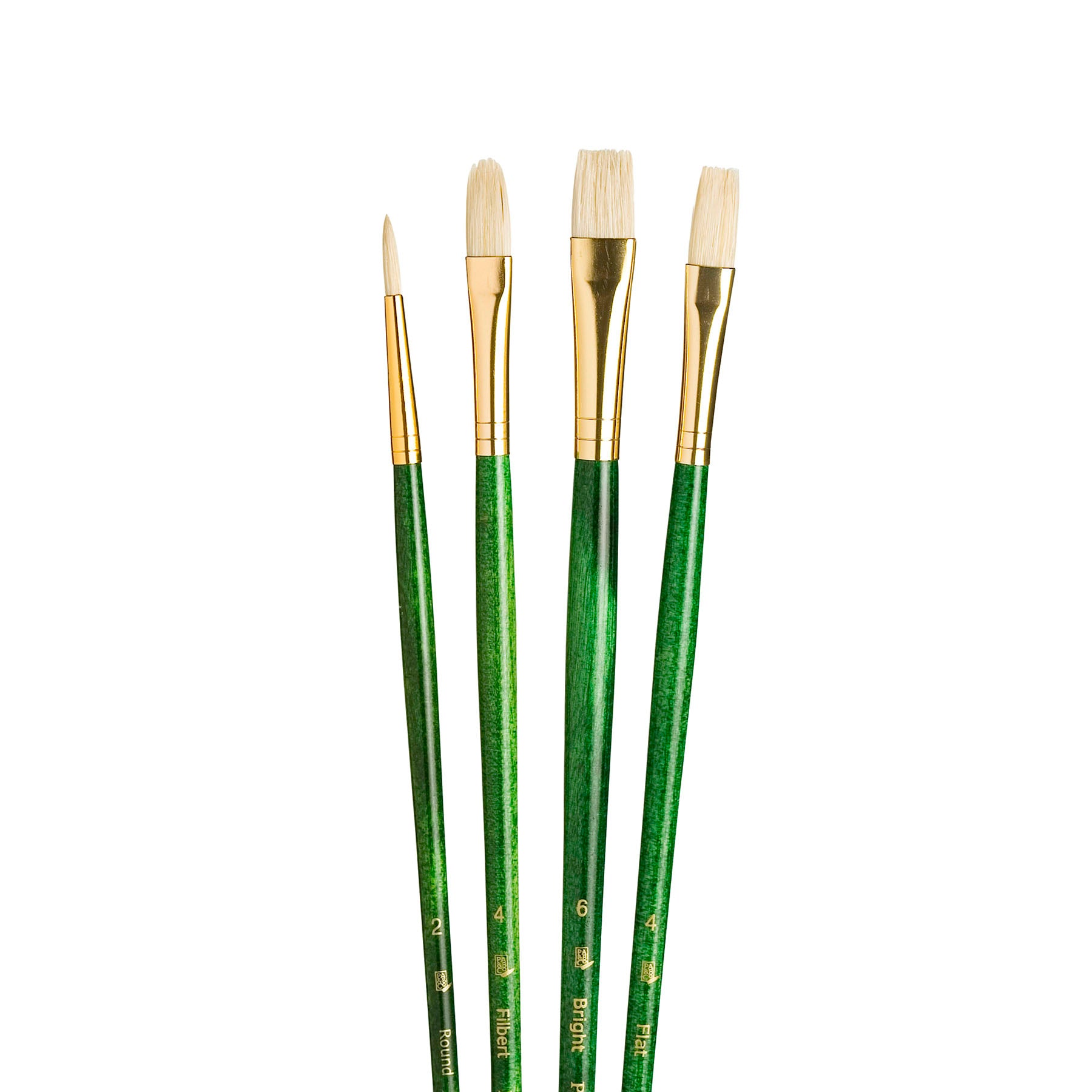 RealValue Brush Set, Natural Bristles, Long Handle Mixed Media Paintbrush, Green, 4 Pieces