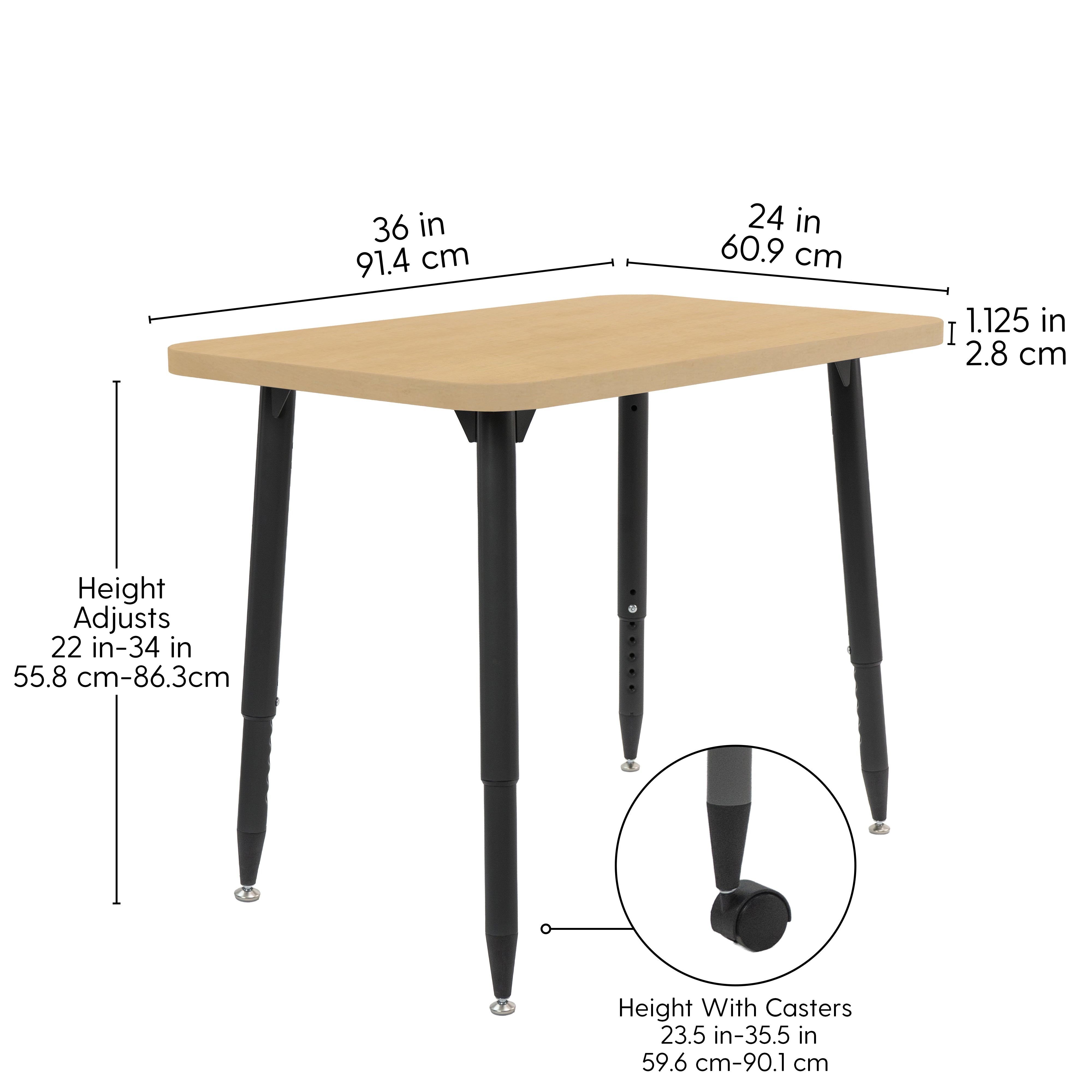 Adapte 24" x 36" Rectangle Woodgrain Activity Table with Adjustable Tapered Legs - Maple Grain/Black