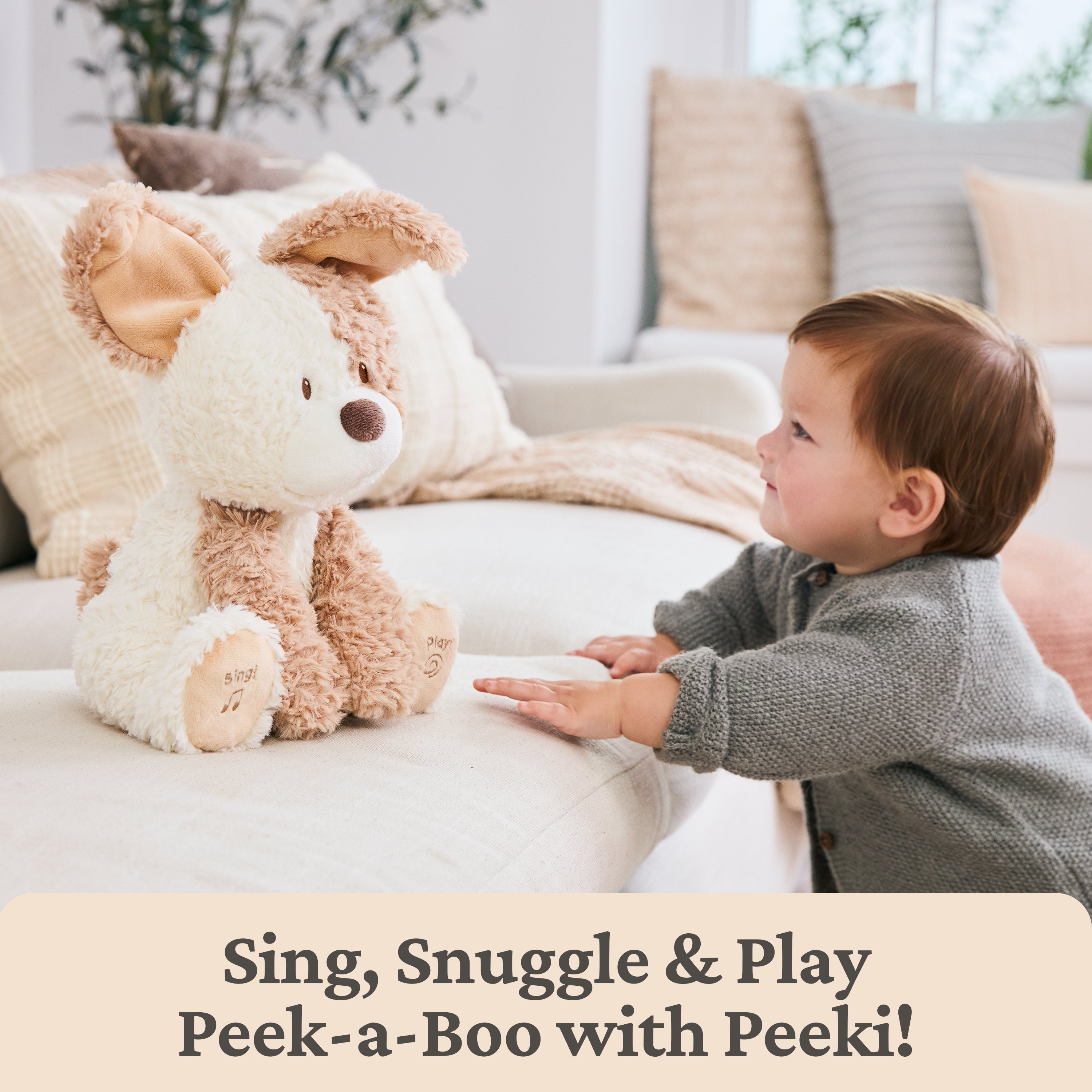 Baby GUND Peeki the Puppy Animated Plush, Singing Stuffed Animal, Sensory Toy for Babies and Toddlers, Plays Peek-a-Boo and Sings, Brown/Cream, 12”