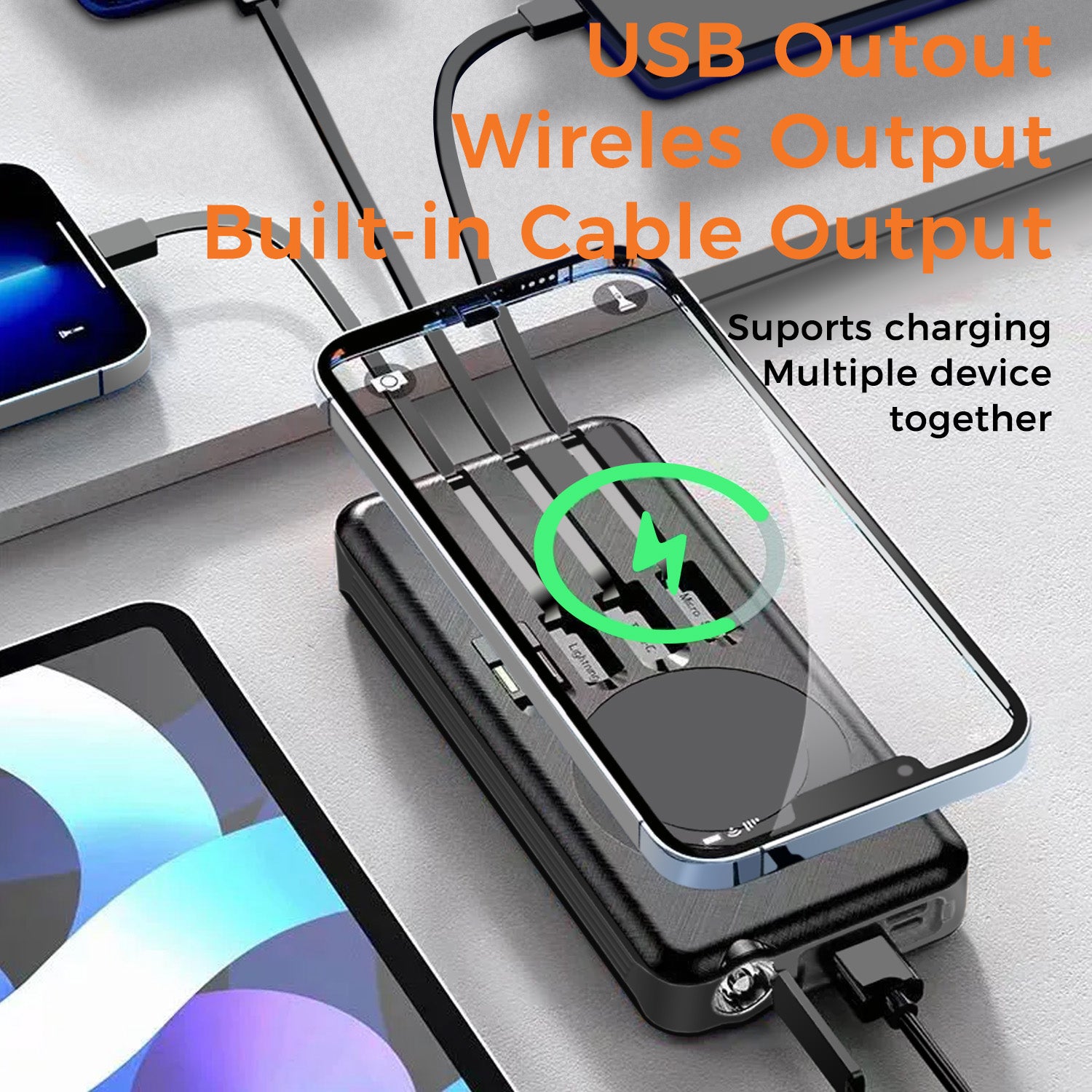 10000mAh Solar Power Bank with Wireless Charging and Built-in Cables, Black