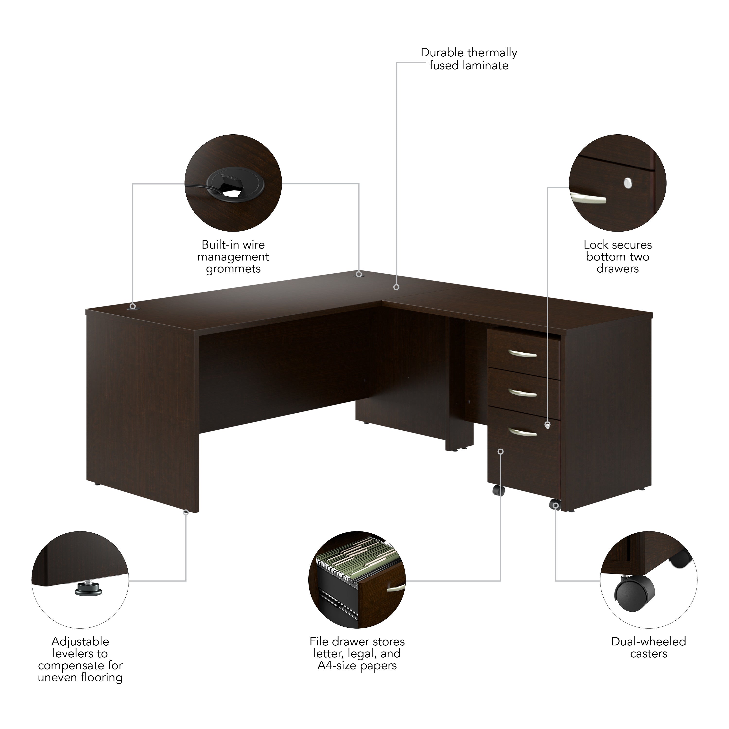 Bush Business Furniture Series C 66W L Shaped Desk with 42W Return and Mobile File Cabinet in Mocha Cherry - 65.98" Width x 71.02" Depth x 29.84" Height