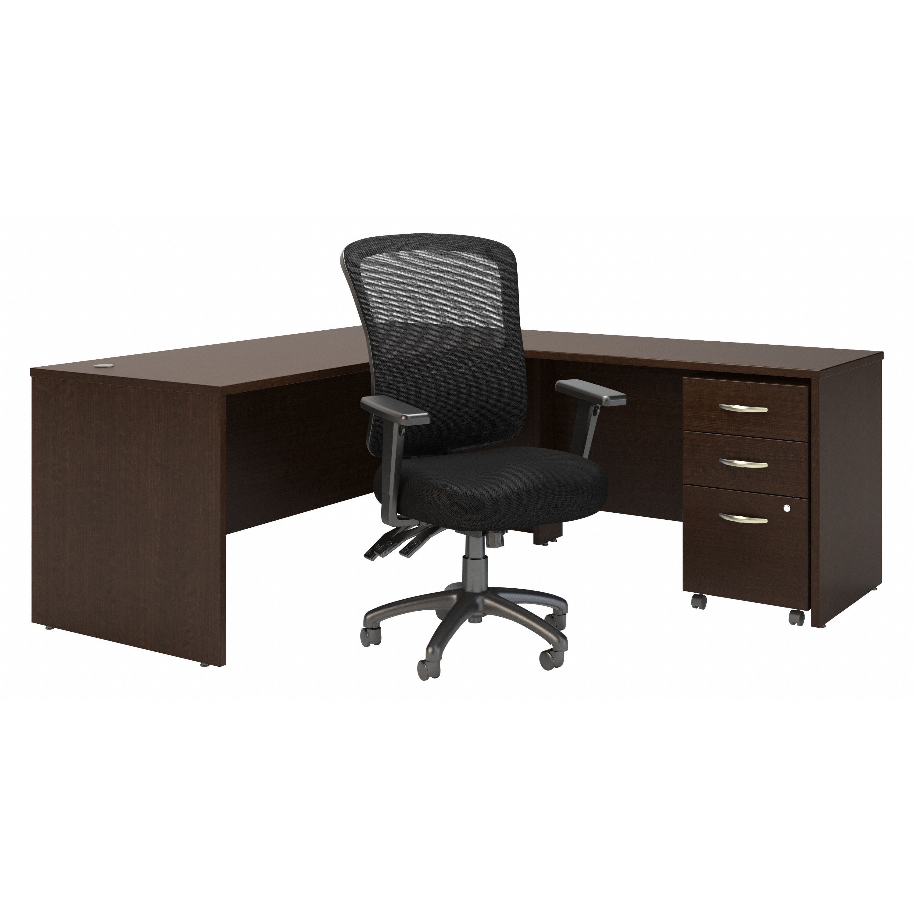Bush Business Furniture Series C 72W L Shaped Desk with Mobile File Cabinet and High Back Multifunction Office Chair in Mocha Cherry - 71.1" Width x 77.05" Depth x 43.9" Height