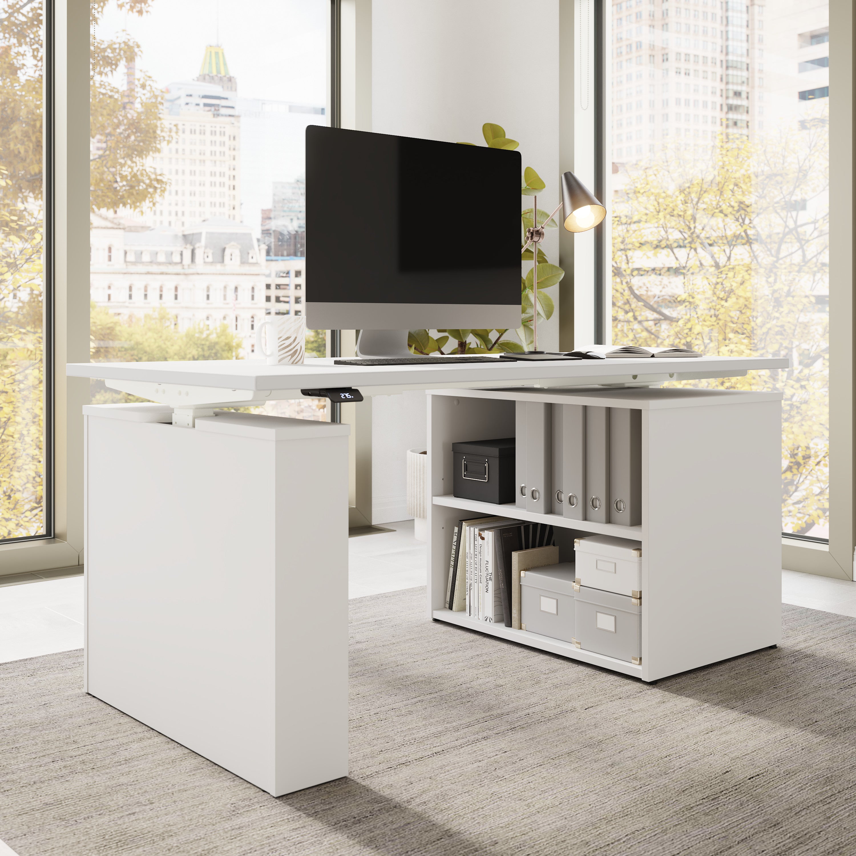 Bush Business Furniture Stratus&nbsp;60W x&nbsp;30D Electric Height Adjustable Standing Desk with Bookcase in White with White Base - 59.45" Width x 29.37" Depth x 27.44" Height