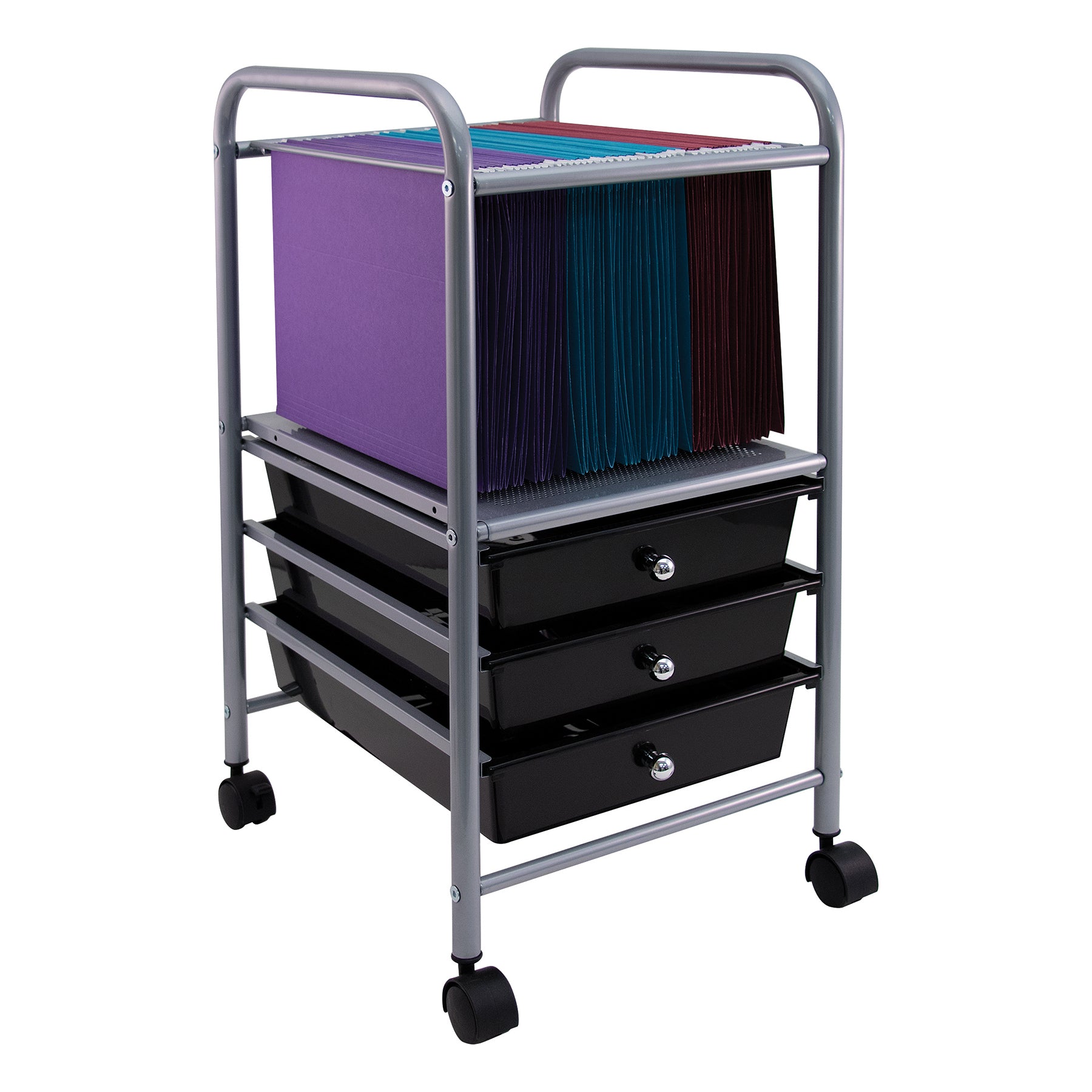 Vertiflex® Slim-Profile Mobile File Cart with 3 Drawers, Black and Silver, Rolling Storage Organizer