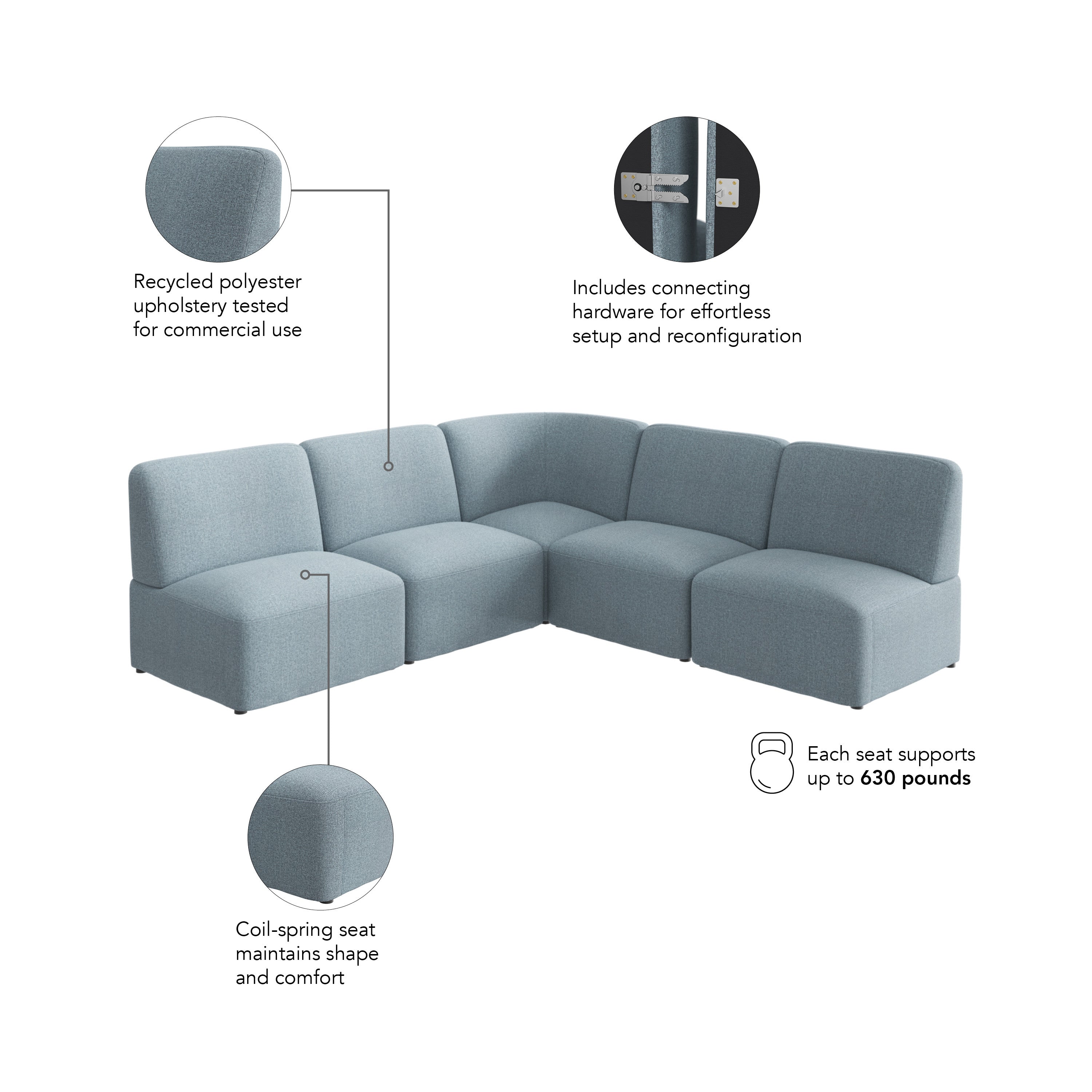 Bush Business Furniture Assemble Modular 5 Seater L Shaped Sectional Lounge Sofa in Mist Fabric - 89.76" Width x 89.76" Depth x 29.92" Height