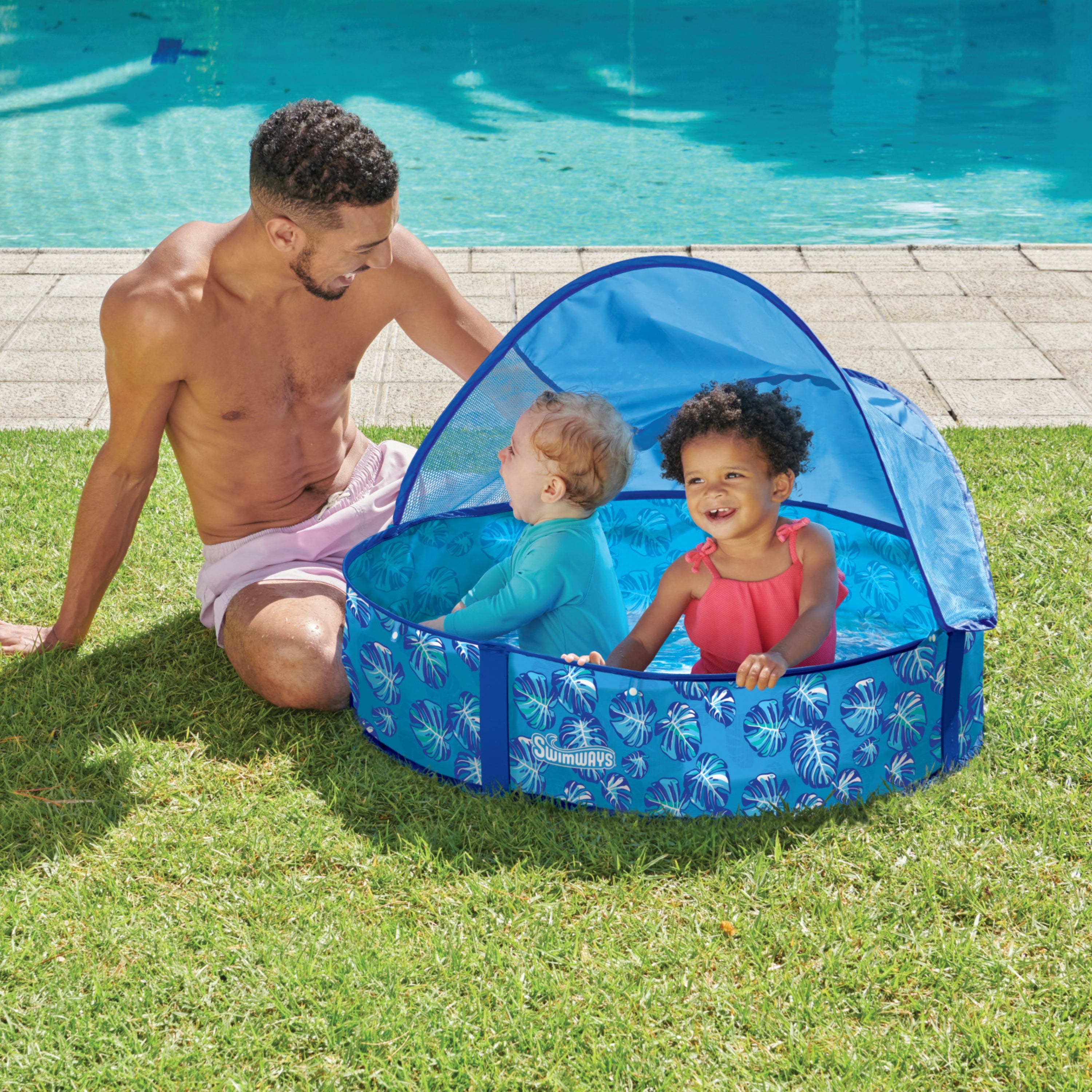 Swimways Elite Pop-Up Above Ground Pool, Baby Pool with Canopy & Carrying Case, Foldable Pool for Kids Aged 9-24 Months, Measures 32", Blue