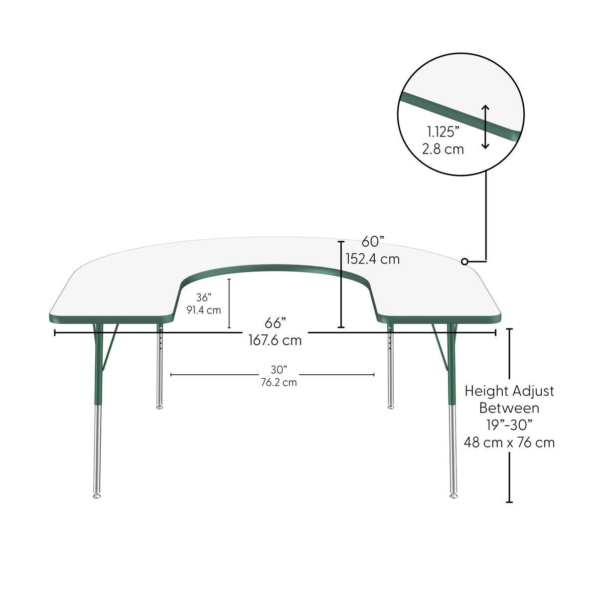 60" x 66" Horseshoe Dry-Erase Activity Table with Adjustable Standard Swivel Glide Legs - Whiteboard/Green