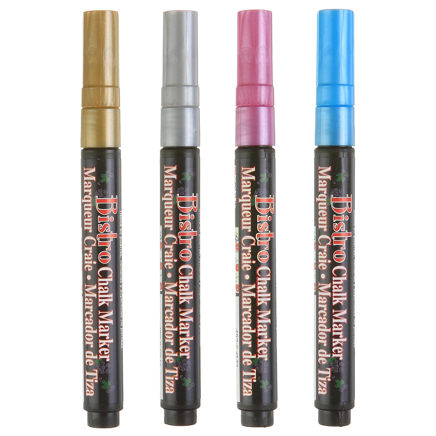 Broad Point Chalk Marker Metallic Fine Tip Set 4M, Gold, Silver, Blue, Red