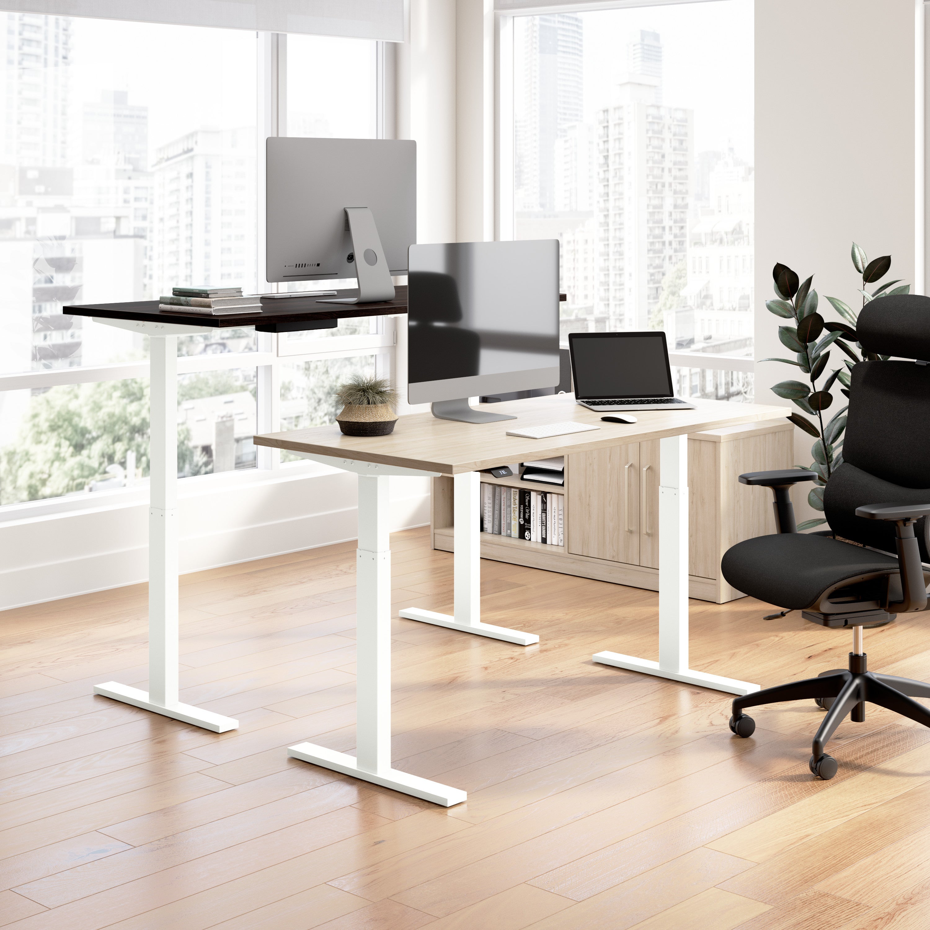 Bush Business Furniture Move 60 Series 60W Height Adjustable L Shaped Standing Desk in Black Walnut with Metallic Gray Base - 59.45" Width x 76.97" Depth x 27.44" Height