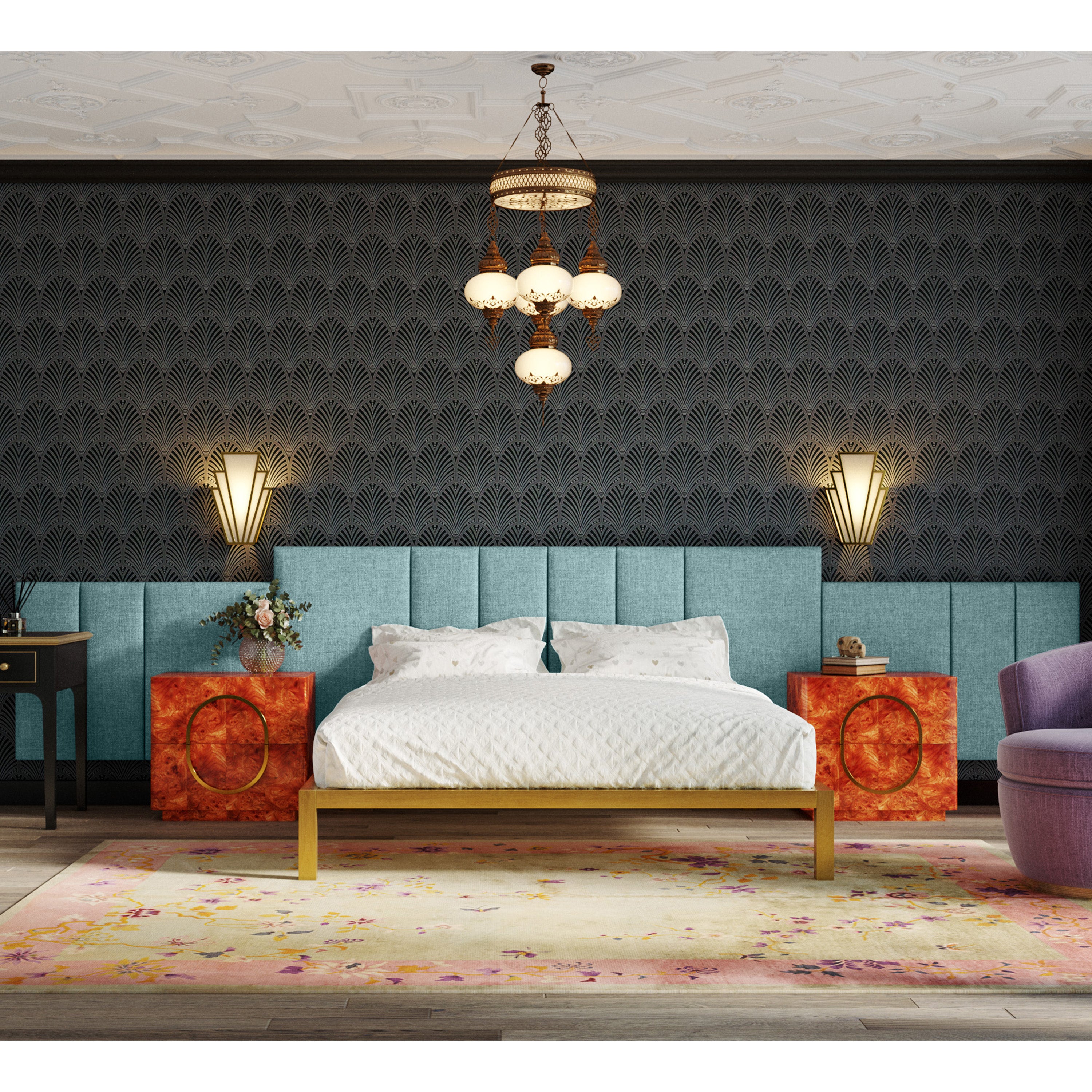 Jaxx Panelist Modern Padded Headboard- Set of 2 Wall Mounted Panels (Each 22.5" x 30")- Queen Double Tall, Microvelvet Surf Turquoise