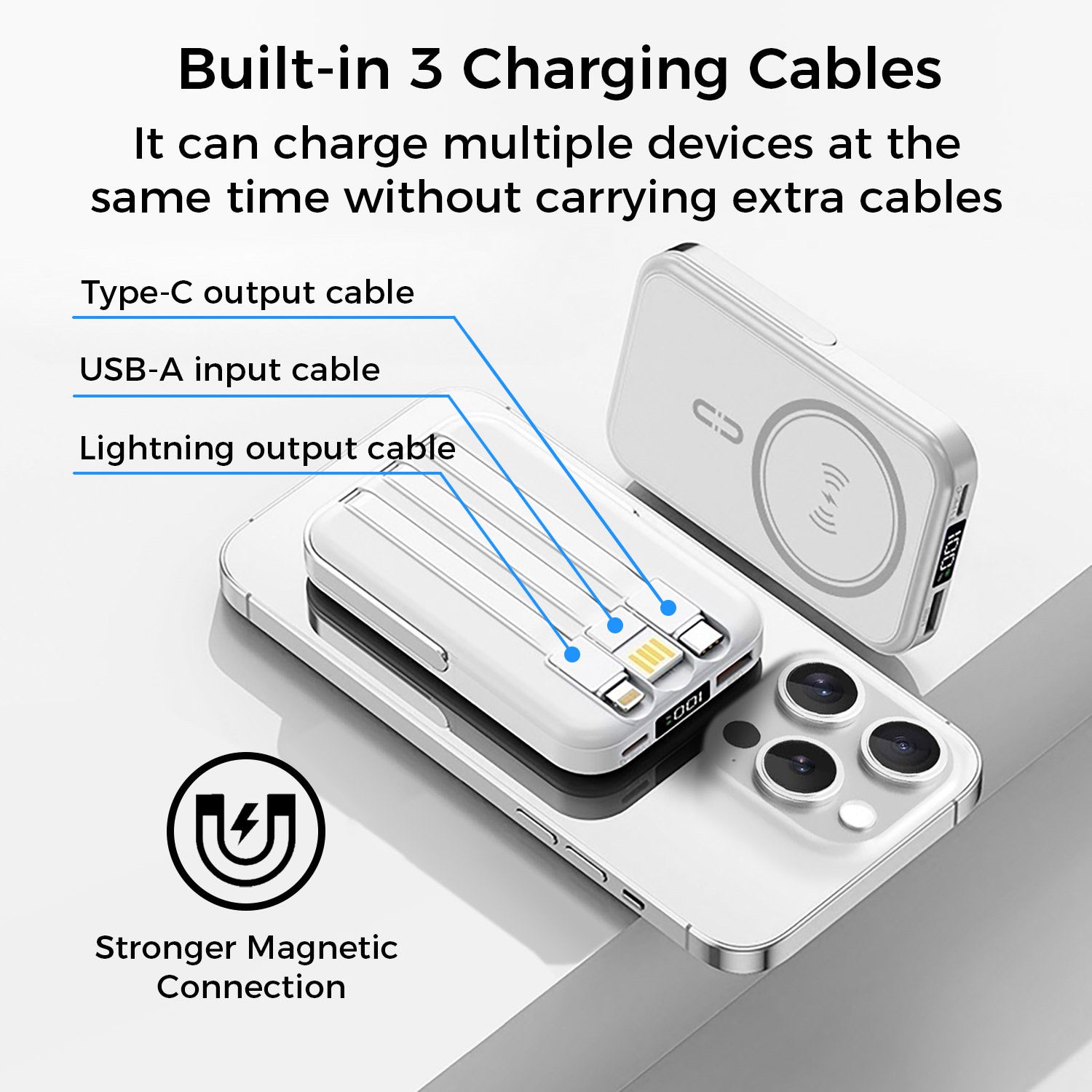 10,000mAh Magnetic Wireless Power Bank with Metal Stand + Built-in Cables, White