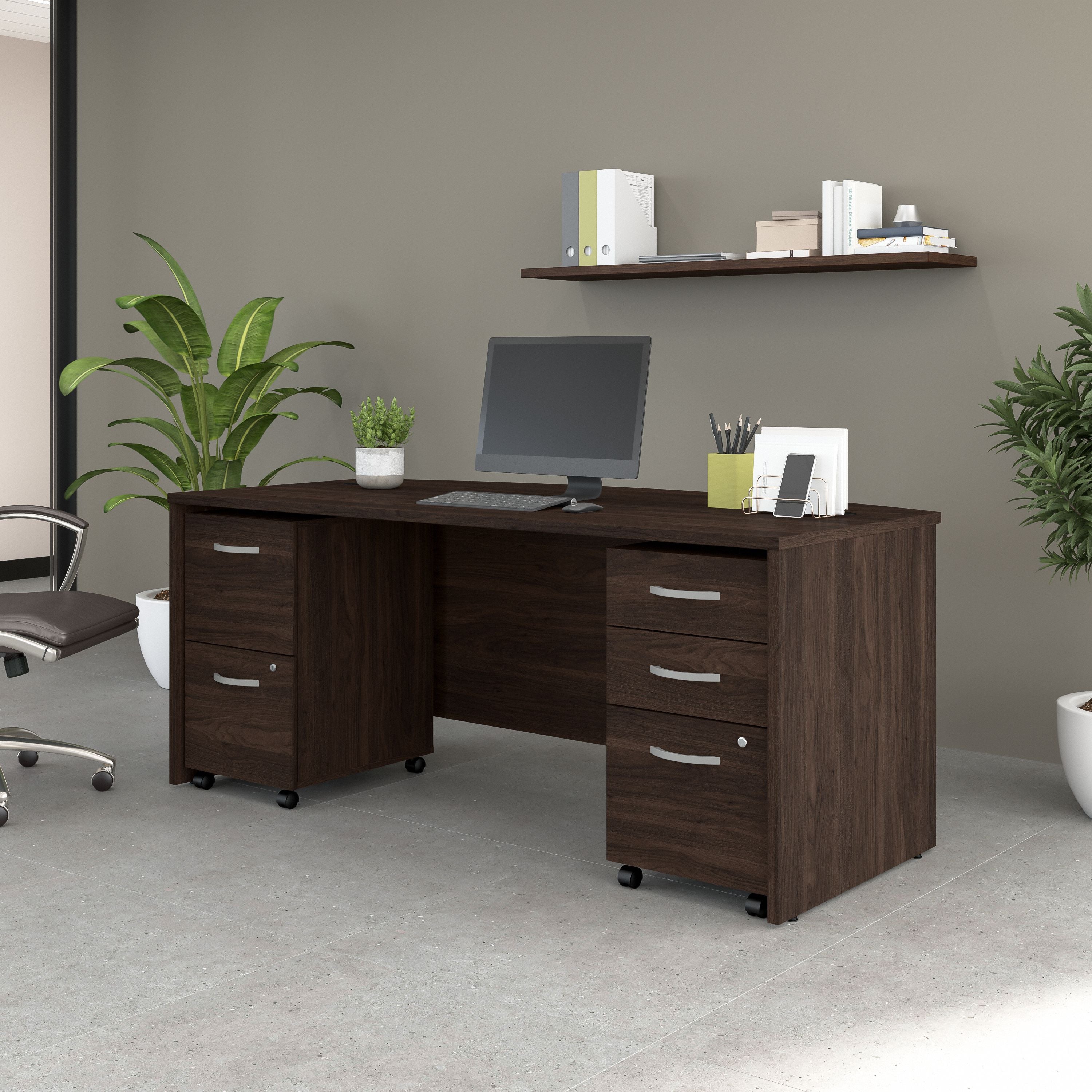 Bush Business Furniture Studio C 72W x 36D Bow Front Desk with Mobile File Cabinets in Black Walnut - 71.02" Width x 35.43" Depth x 29.84" Height