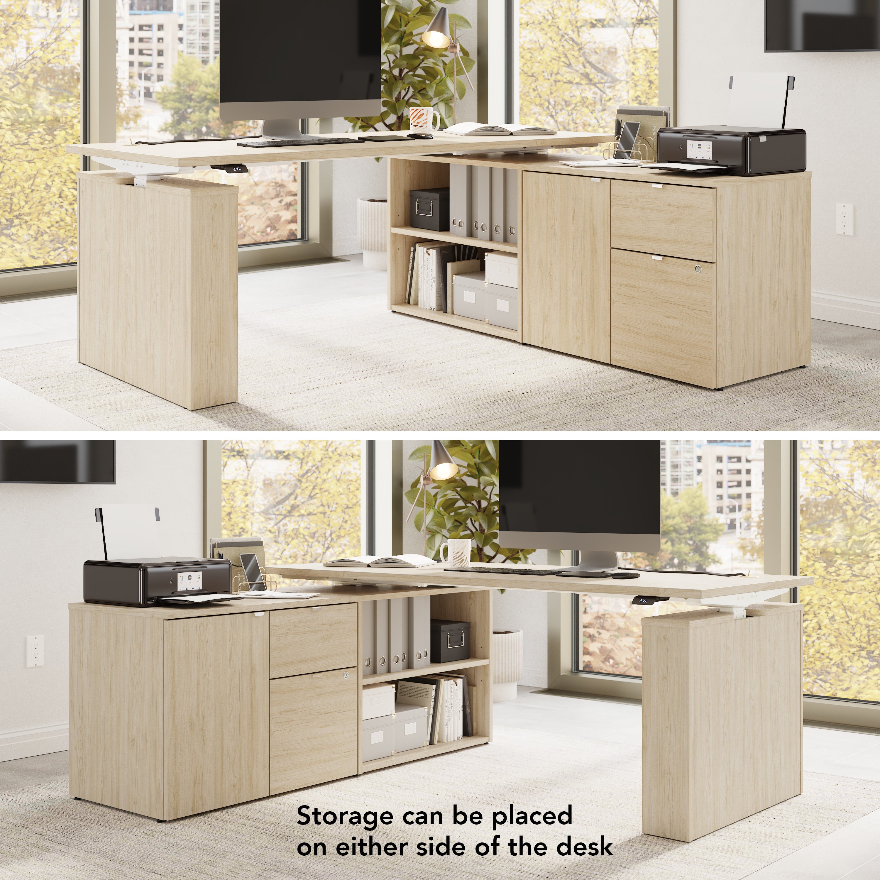 Bush Business Furniture Stratus&nbsp;72W x&nbsp;30D Electric Height Adjustable Standing Desk with Storage in Natural Elm with White Base - 71.02" Width x 29.37" Depth x 27.44" Height
