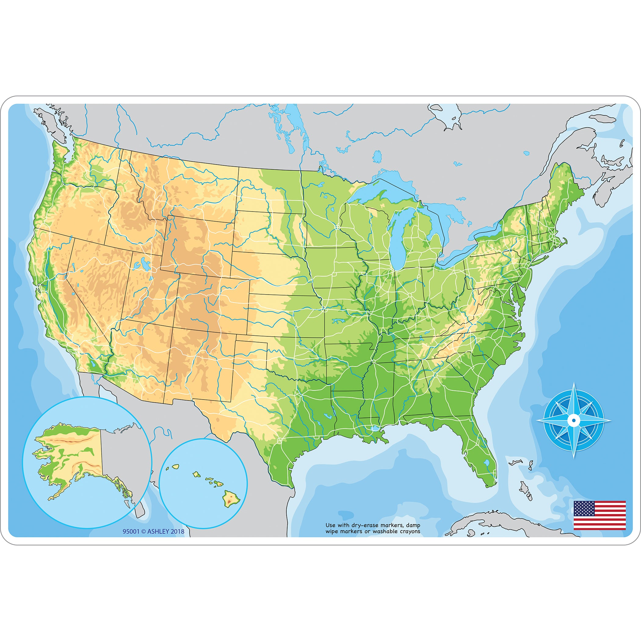 Smart Poly™ Learning Mat, 12" x 17", Double-Sided, U.S. Physical Map