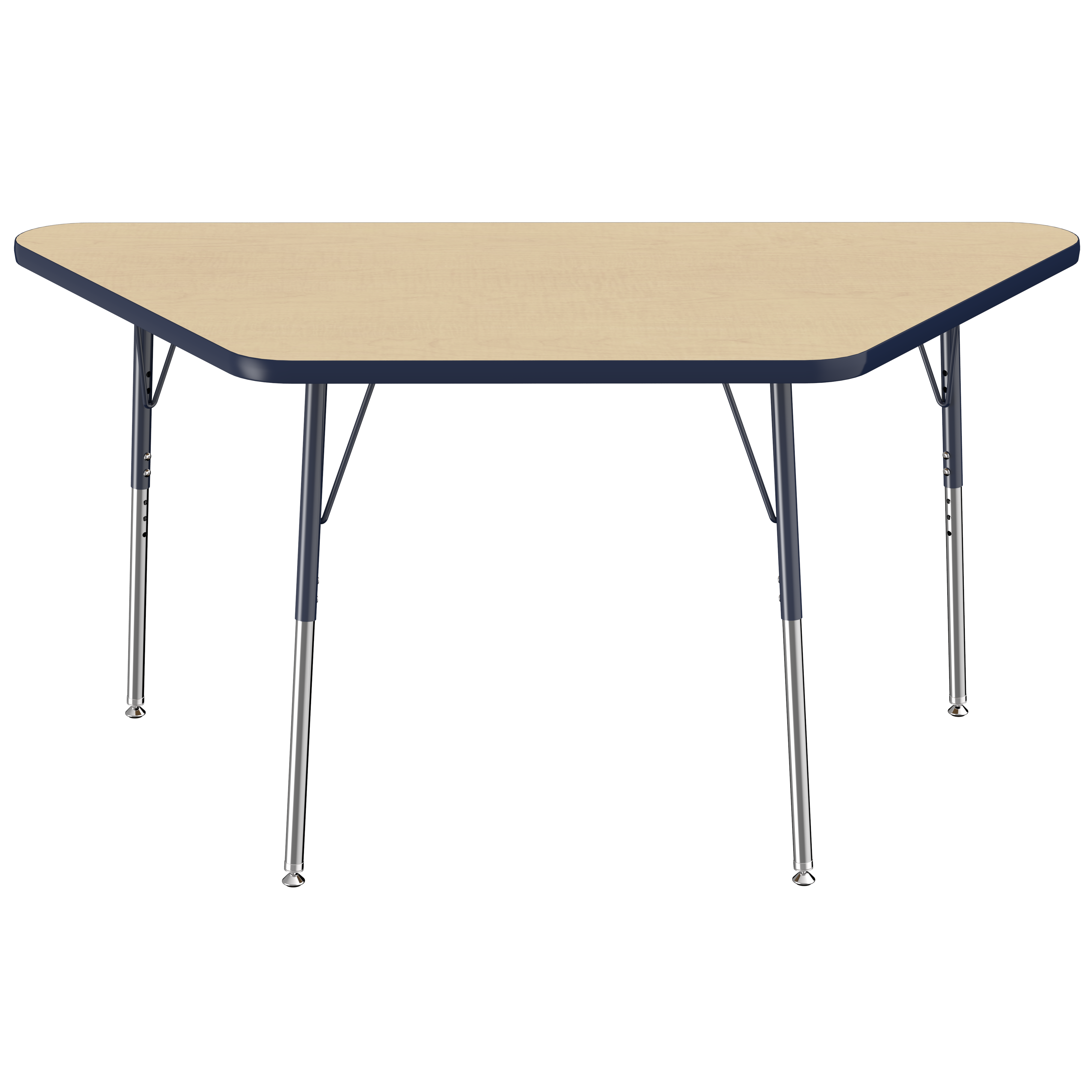 30" x 60" Trapezoid T-Molding Activity Table with Adjustable Standard Swivel Glide Legs - Maple/Navy