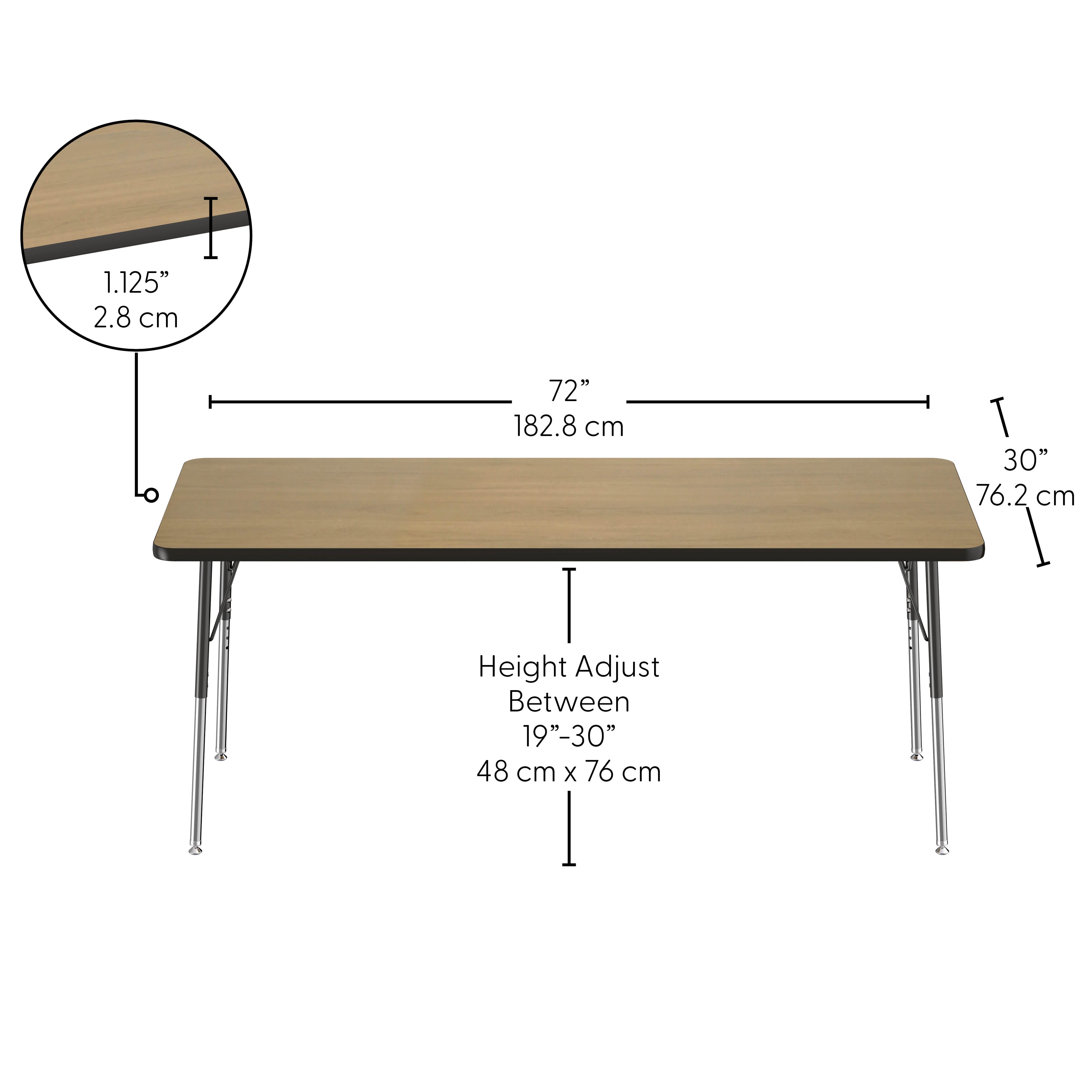 30" x 72" Rectangle T-Molding Activity Table with Adjustable Standard Swivel Glide Legs - Pasadena Oak/Black
