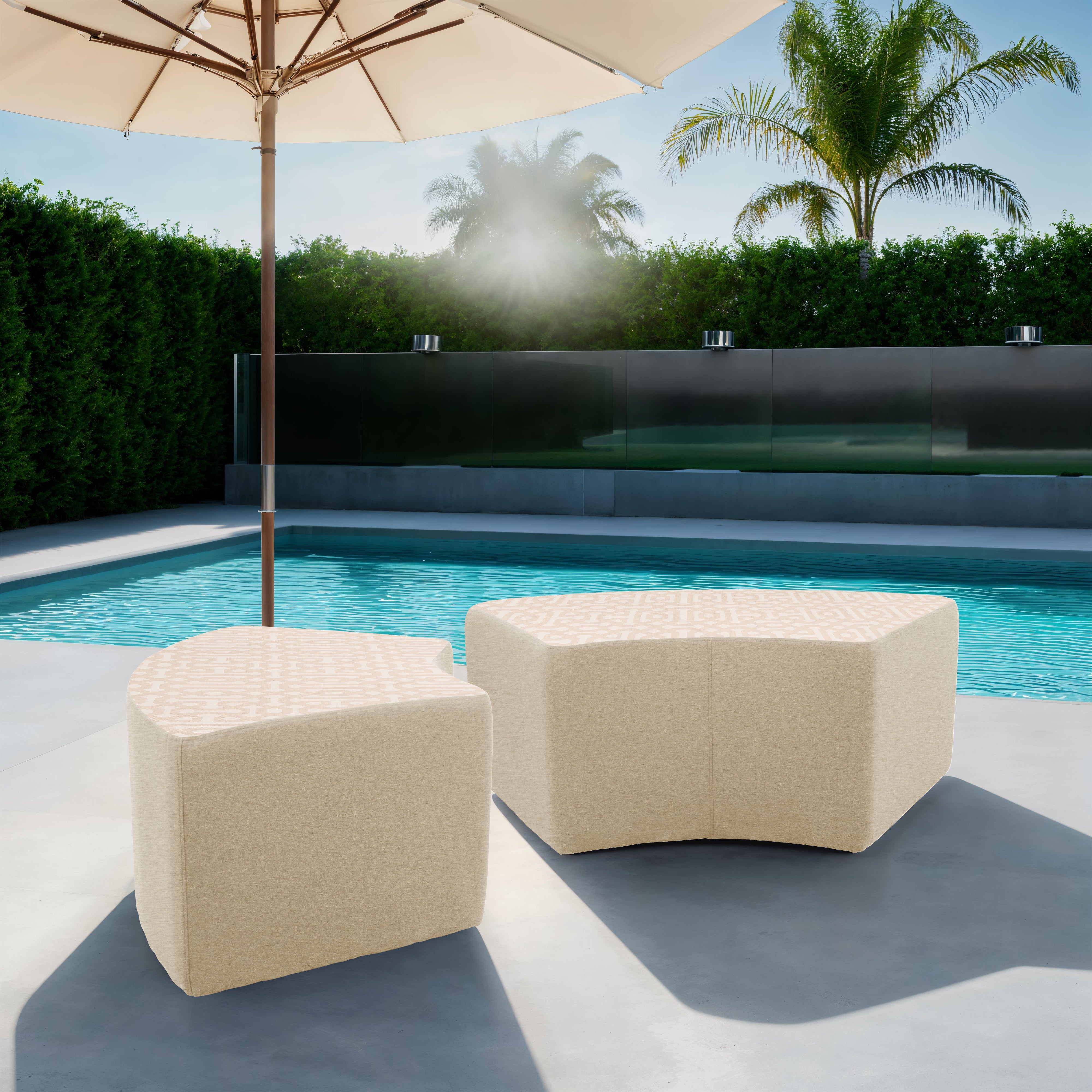Outdoor 24" x 48" S-Curve Ottoman with Sunbrella, 18" H - Fretwork Flax/Spectrum Sand