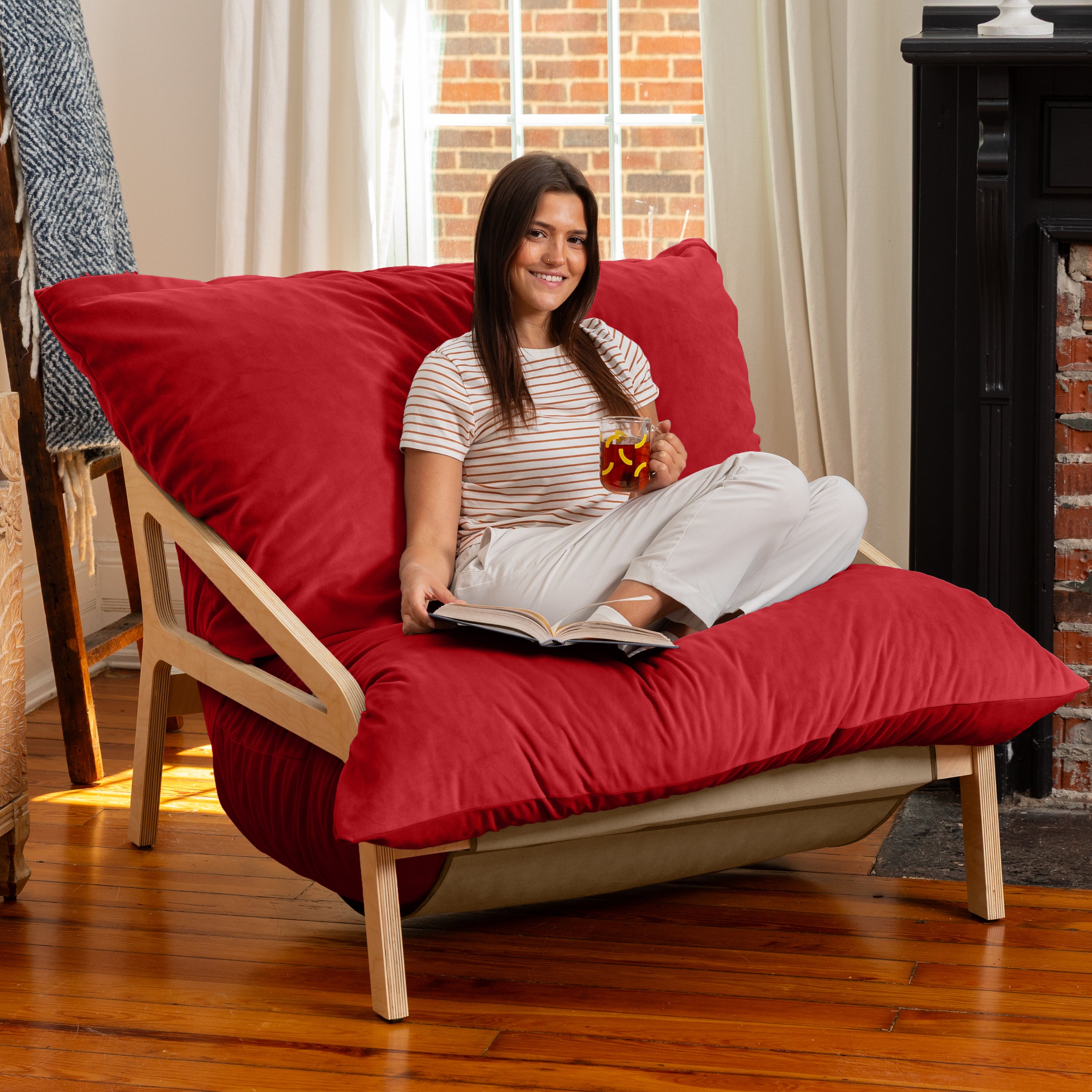 Pillow Saxx Dream Lounger with Wood Frame - 3-in-1 Bean Bag Accent Chair, Recliner & Sleeper, Lush Velvet Merlot