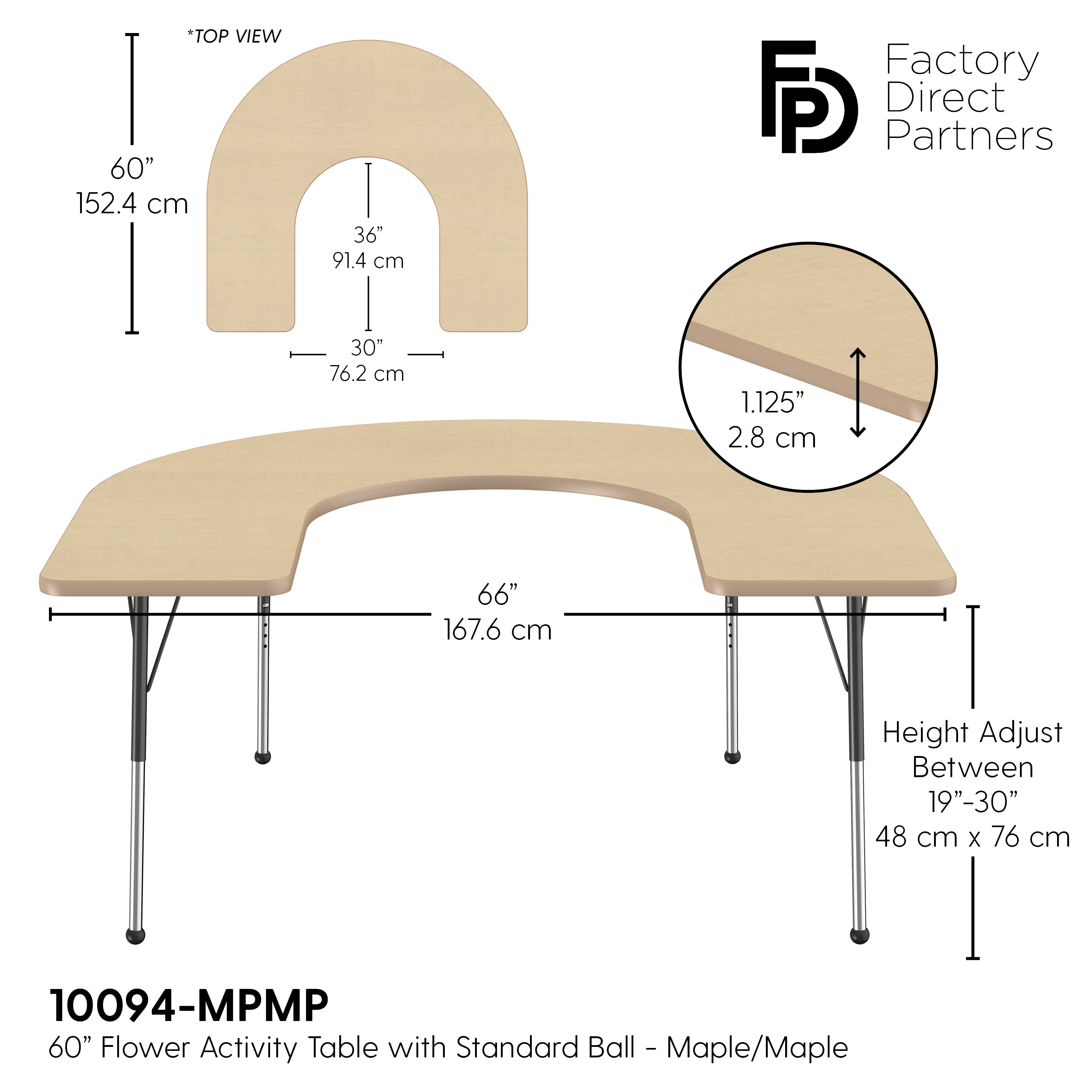 60" x 66" Horseshoe T-Molding Activity Table with Adjustable Standard Ball Glide Legs - Maple/Maple/Black
