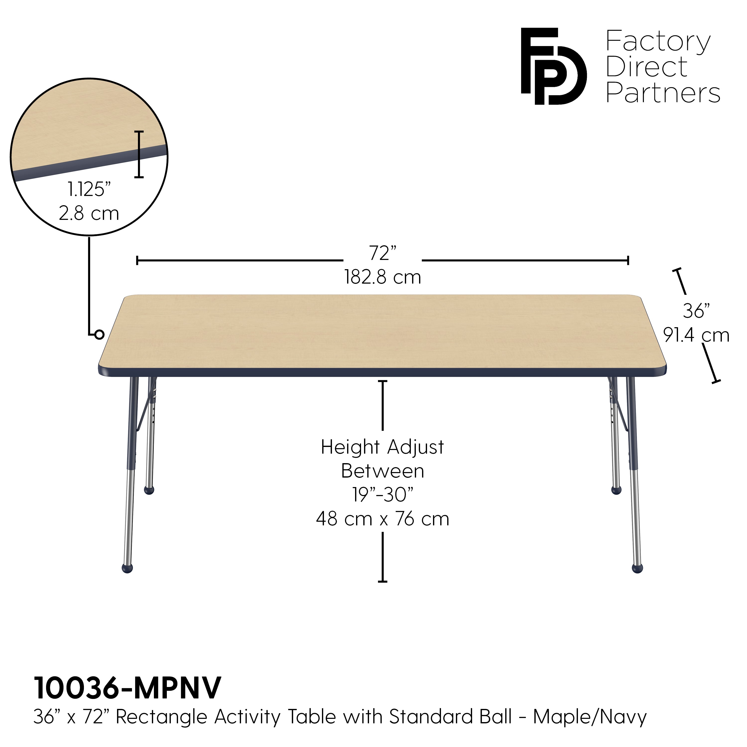 36" x 72" Rectangle T-Molding Activity Table with Adjustable Standard Ball Glide Legs - Maple/Navy