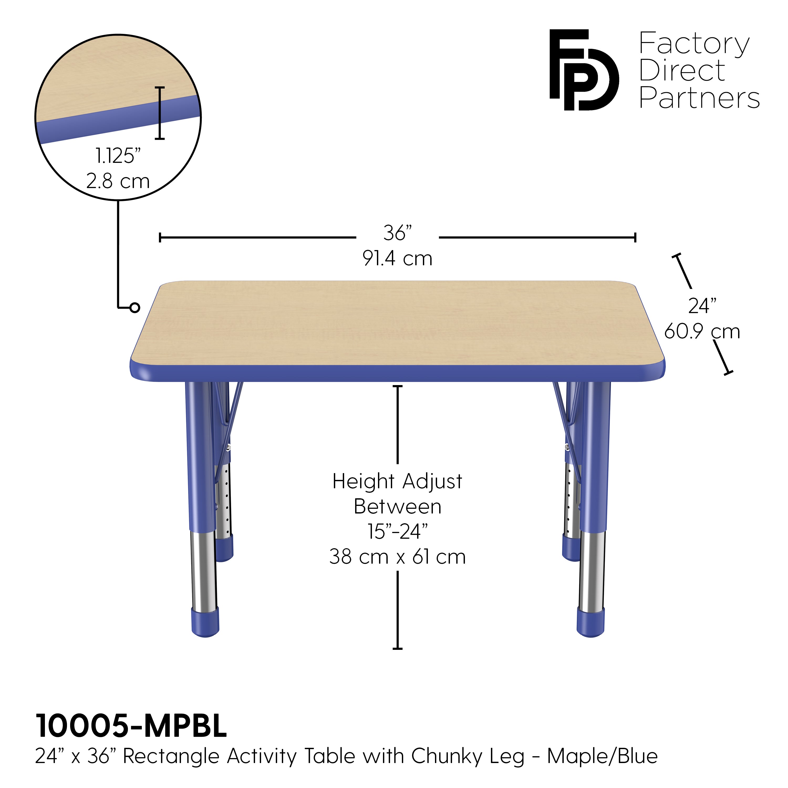 24" x 36" Rectangle T-Molding Activity Table with Adjustable Chunky Legs - Maple/Blue