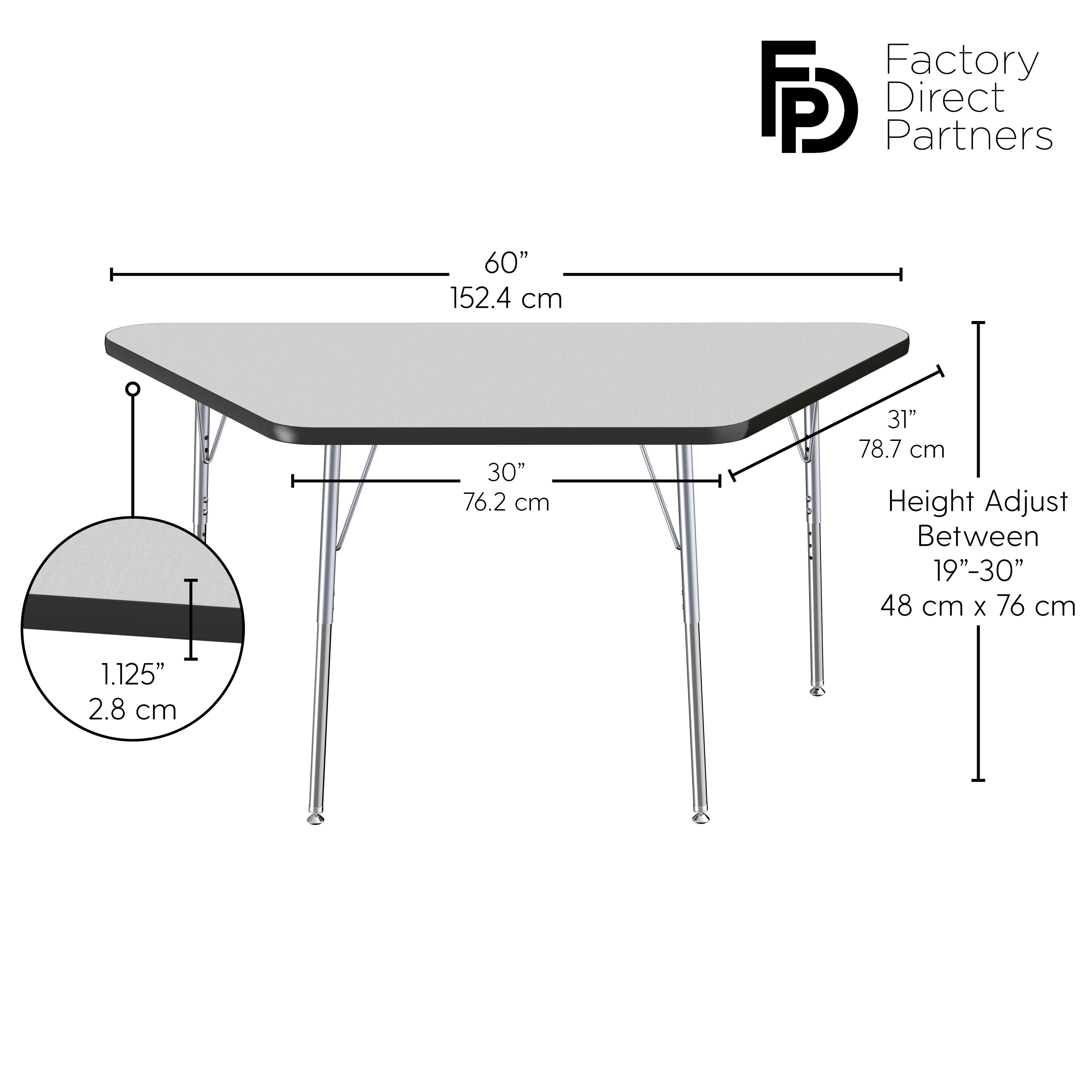 30" x 60" Trapezoid T-Molding Activity Table with Adjustable Standard Swivel Glide Legs - Gray/Black/Silver