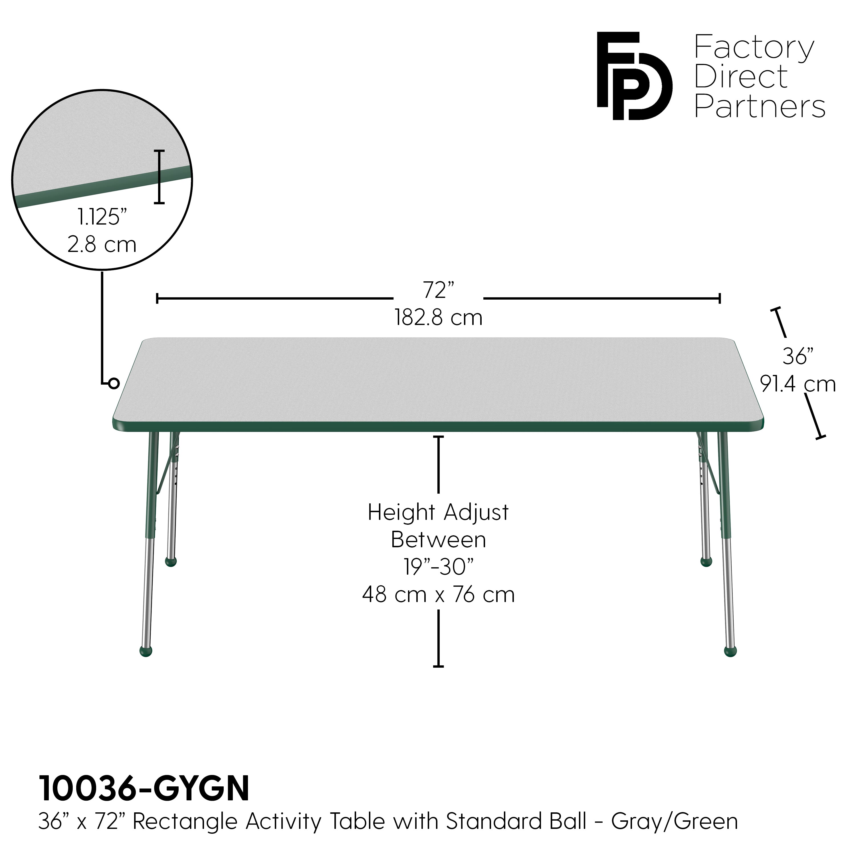 36" x 72" Rectangle T-Molding Activity Table with Adjustable Standard Ball Glide Legs - Gray/Green