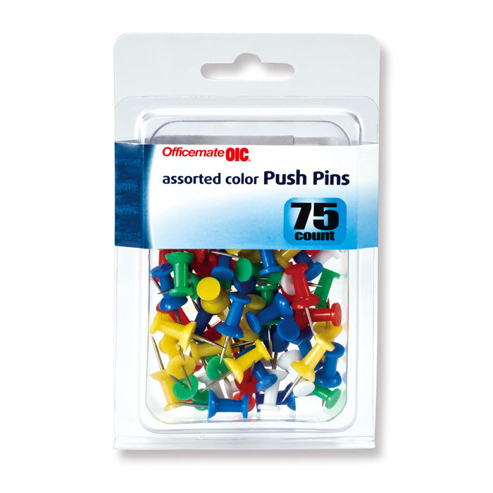 Push Pins, Assorted Colors, 75/Clamshell Pack
