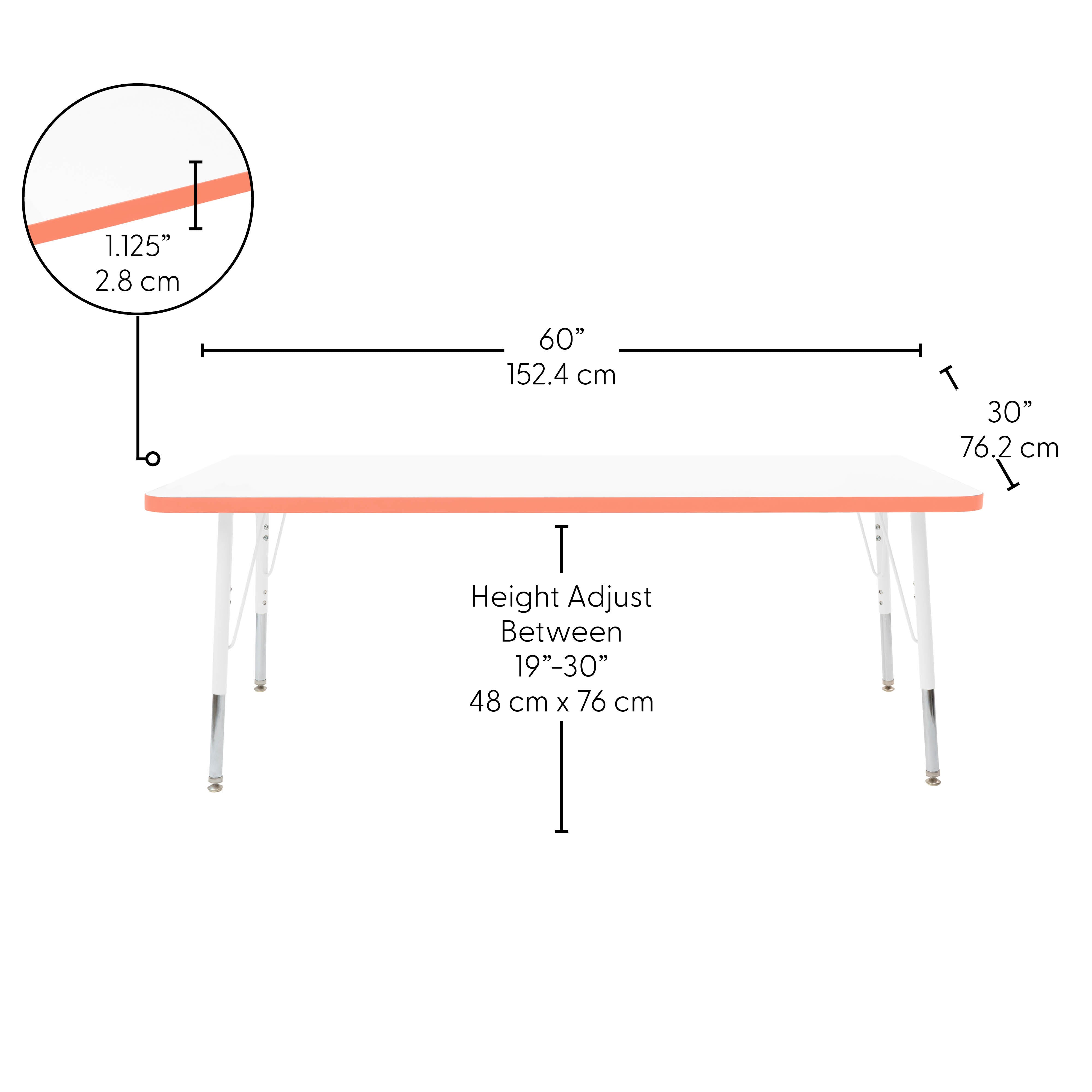 30" x 60" Rectangle Thermofused Activity Table with Adjustable Standard Swivel Glide Legs - White/Tangerine/White