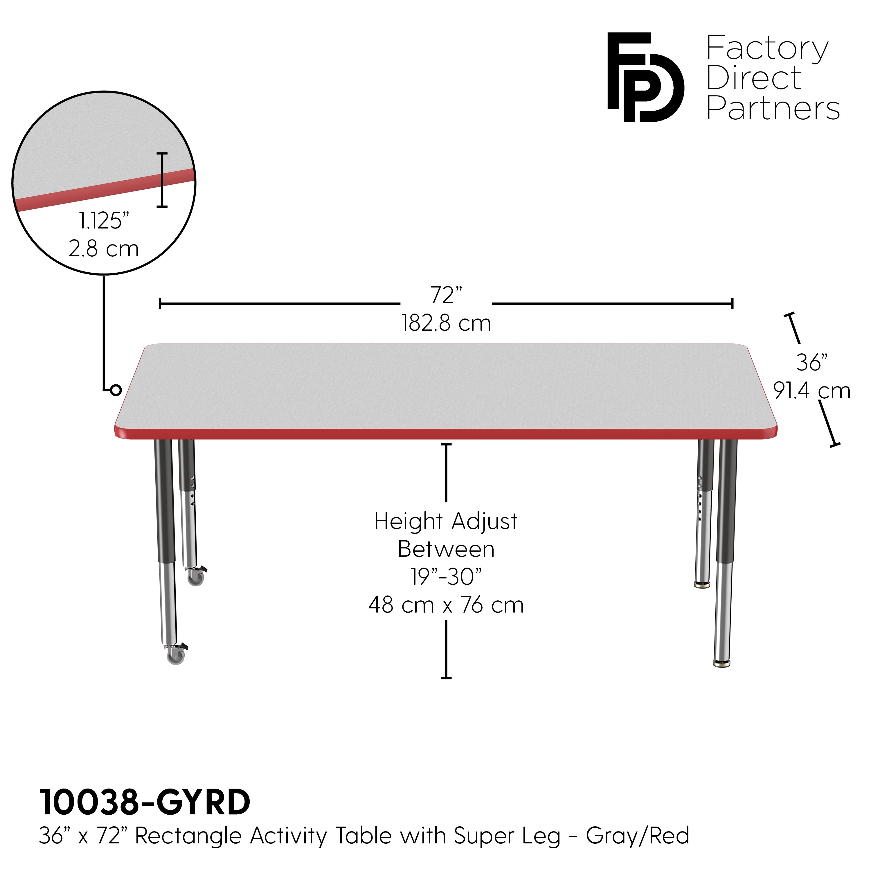 36" x 72" Rectangle T-Molding Activity Table with Adjustable Super Legs - Gray/Red/Black