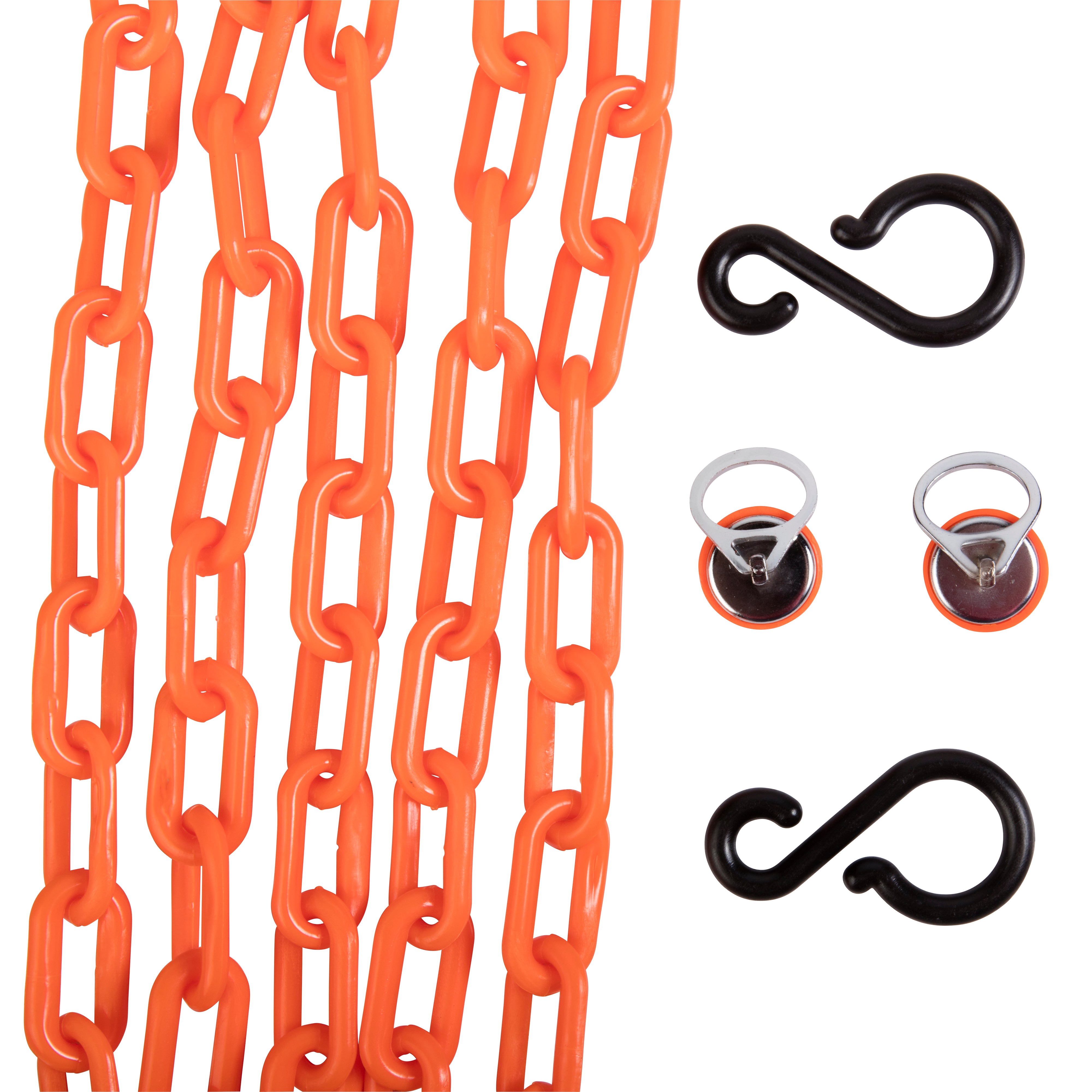 2 S‐Hooks, 2 Magnetic Wall Hooks, 10' of 2" Orange chain