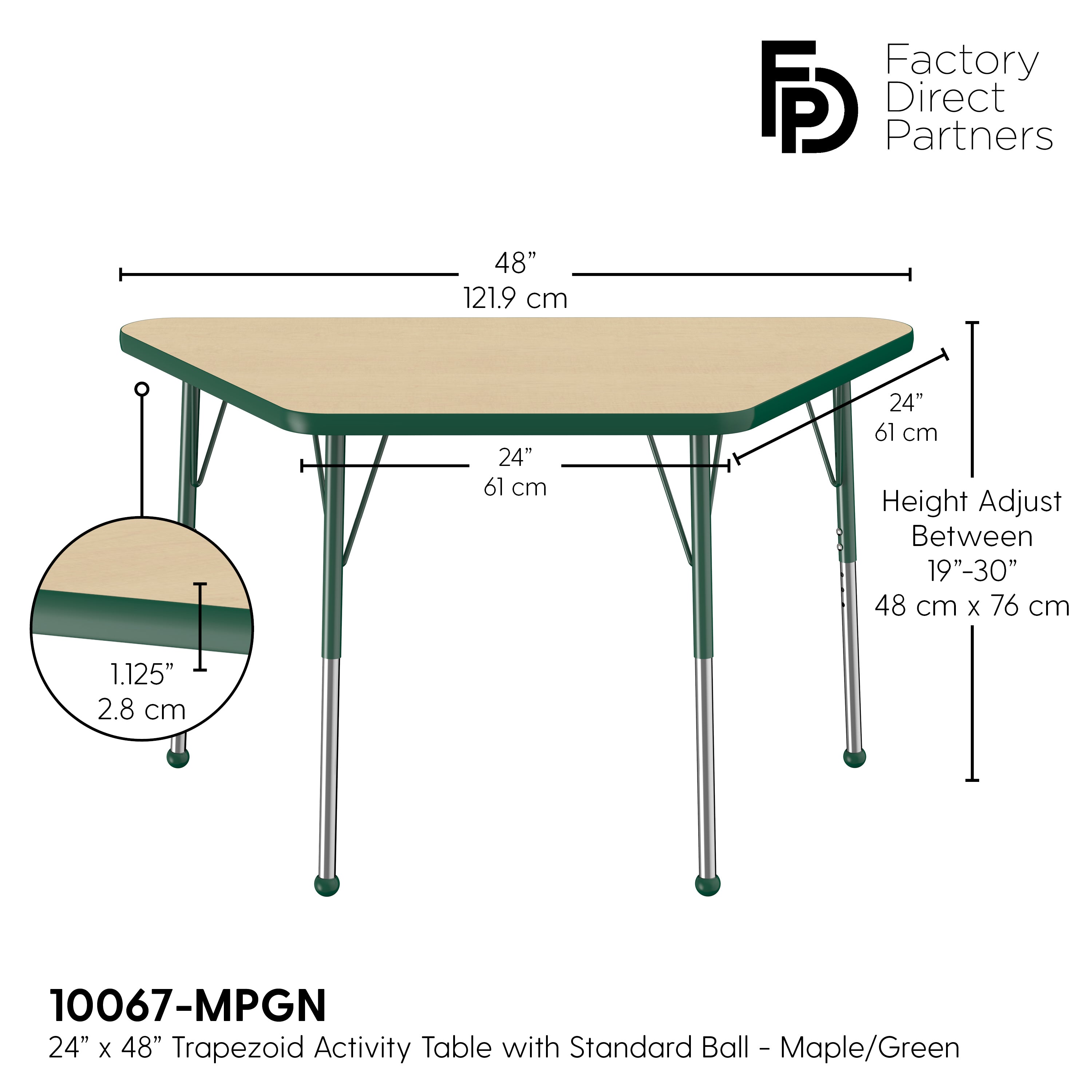 24" x 48" Trapezoid T-Molding Activity Table with Adjustable Standard Ball Glide Legs - Maple/Green